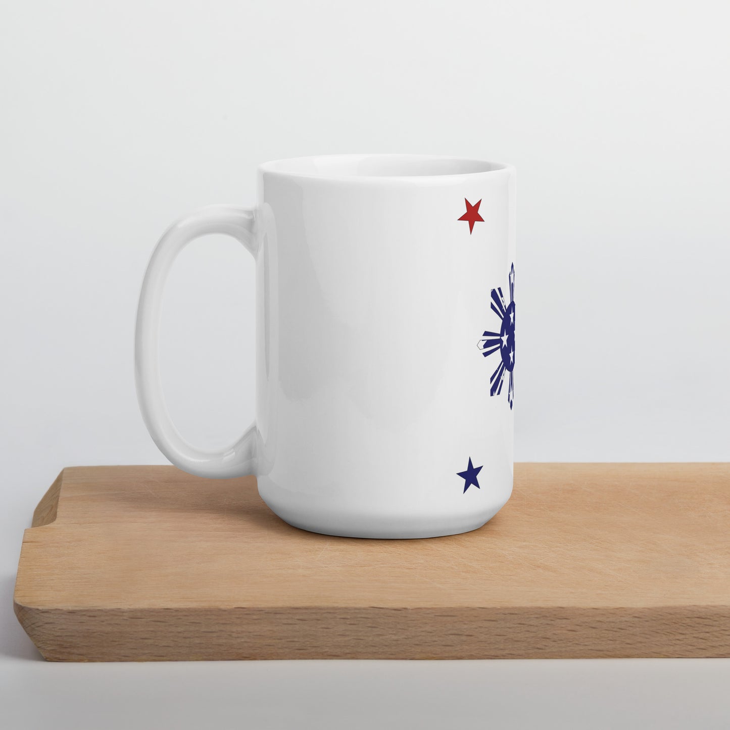 Filipino American 15oz white mug on wooden board