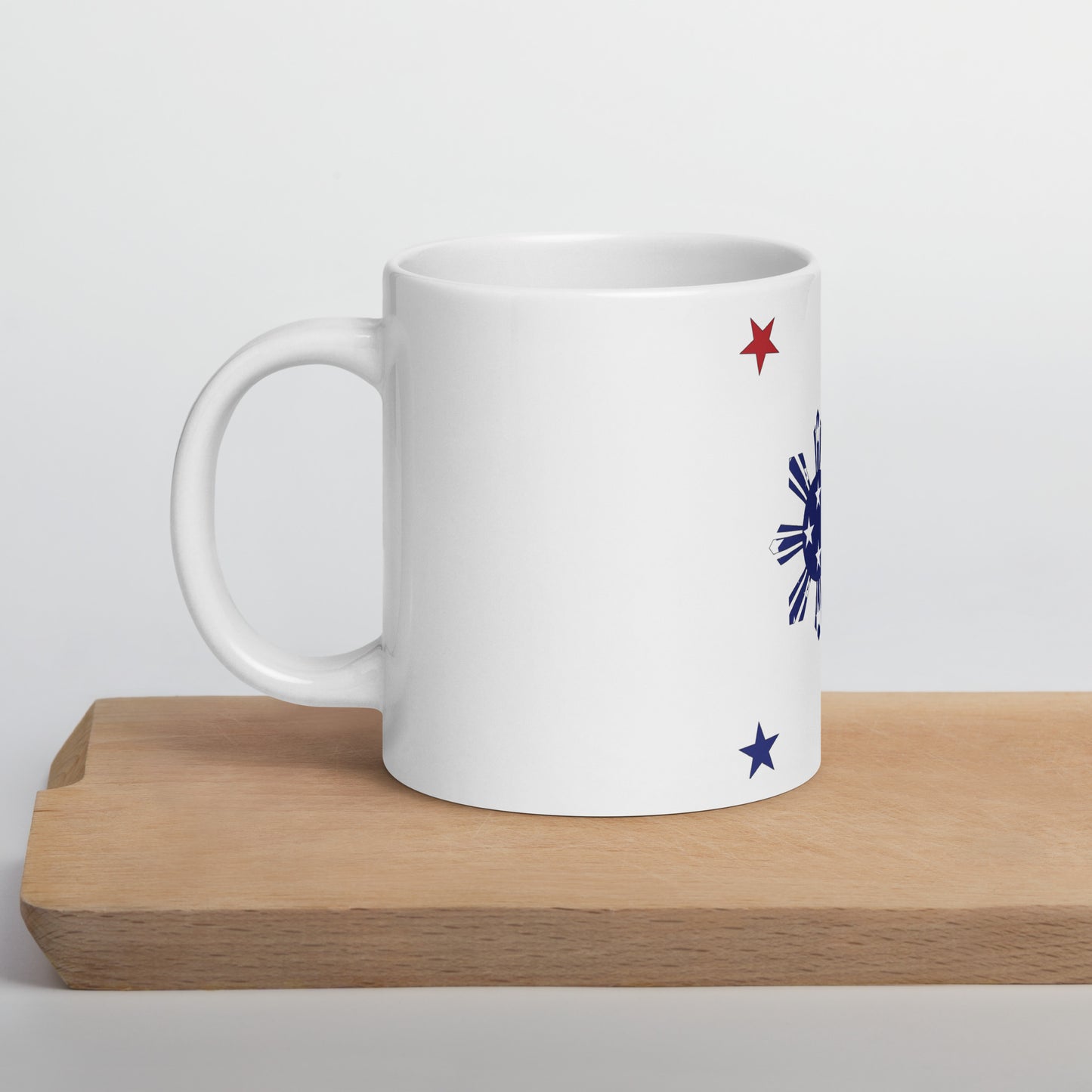 Filipino American 20oz white mug on wooden board