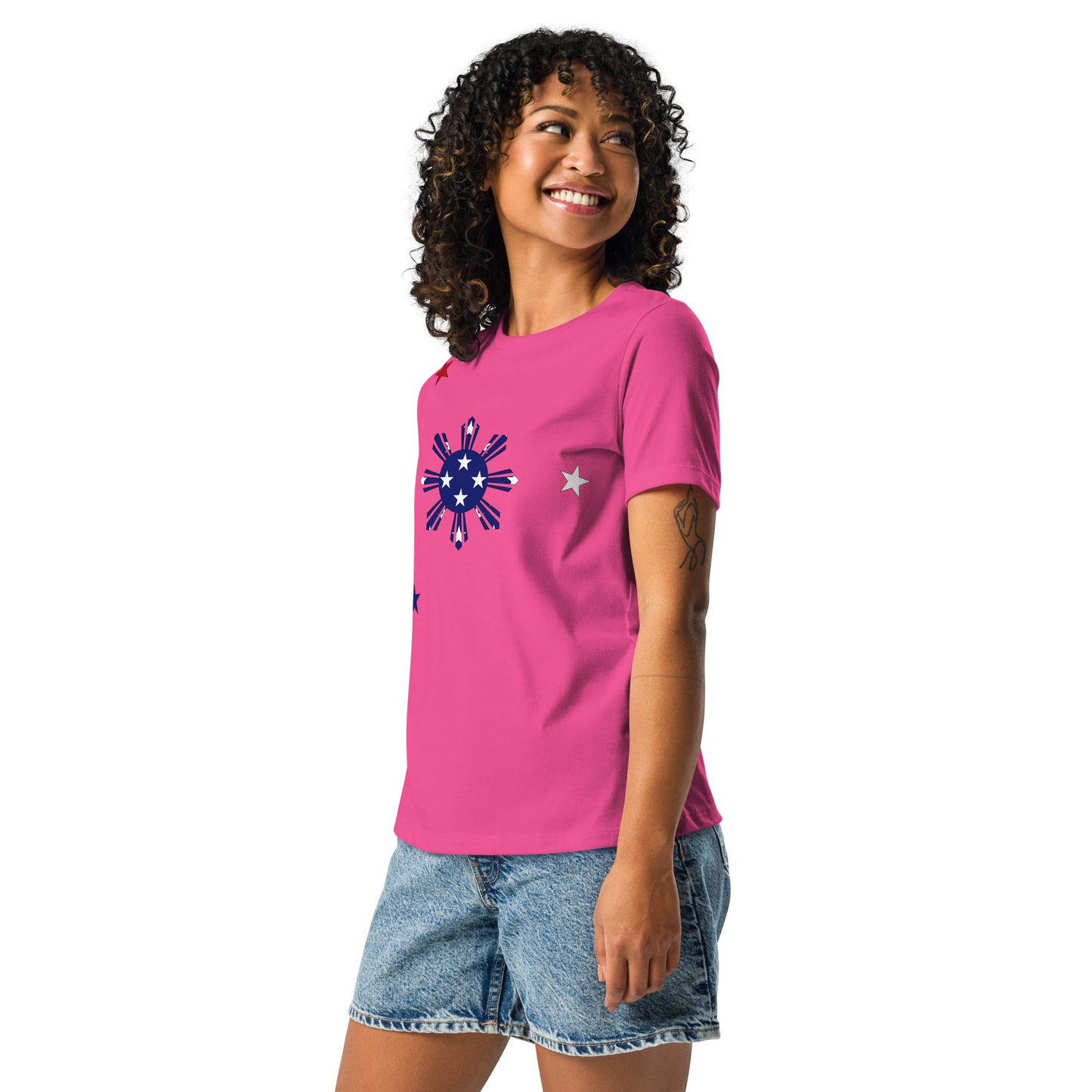 Filipino American berry pink blue womens relaxed fit t-shirt-model left