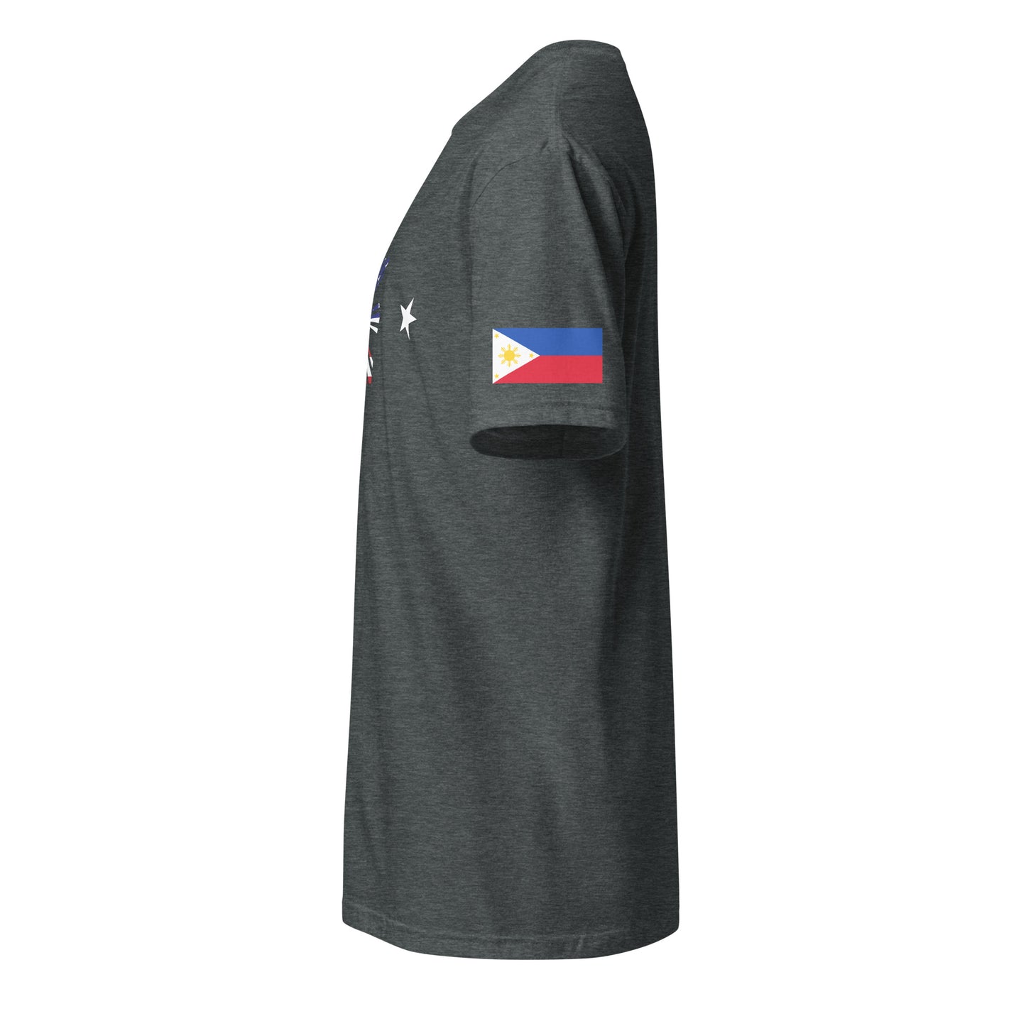 Filipino American heather grey t-shirt stars forward left sleeve Philippines flag