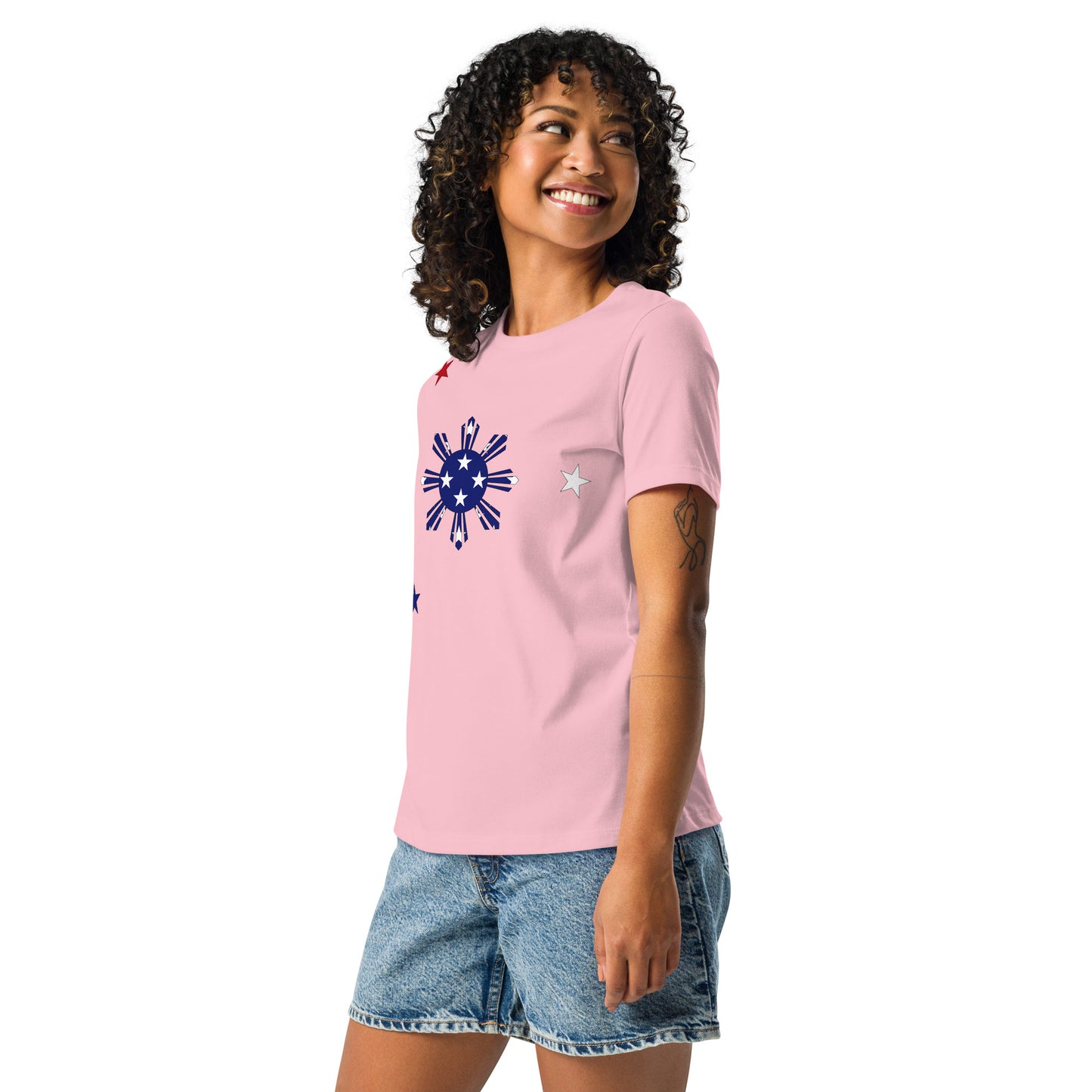 Filipino American pink womens relaxed fit t-shirt model left