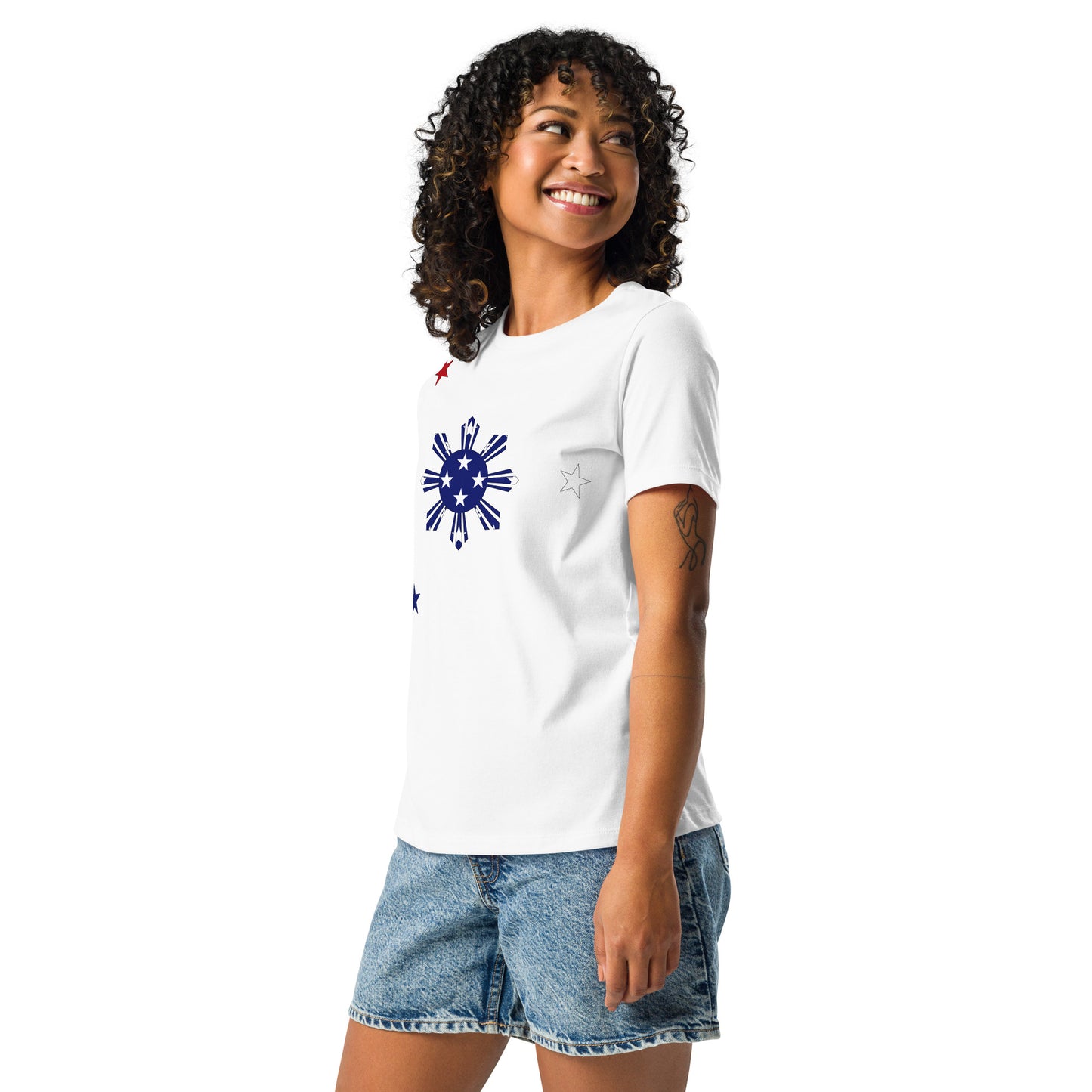 Filipino American white womens relaxed fit t-shirt model left