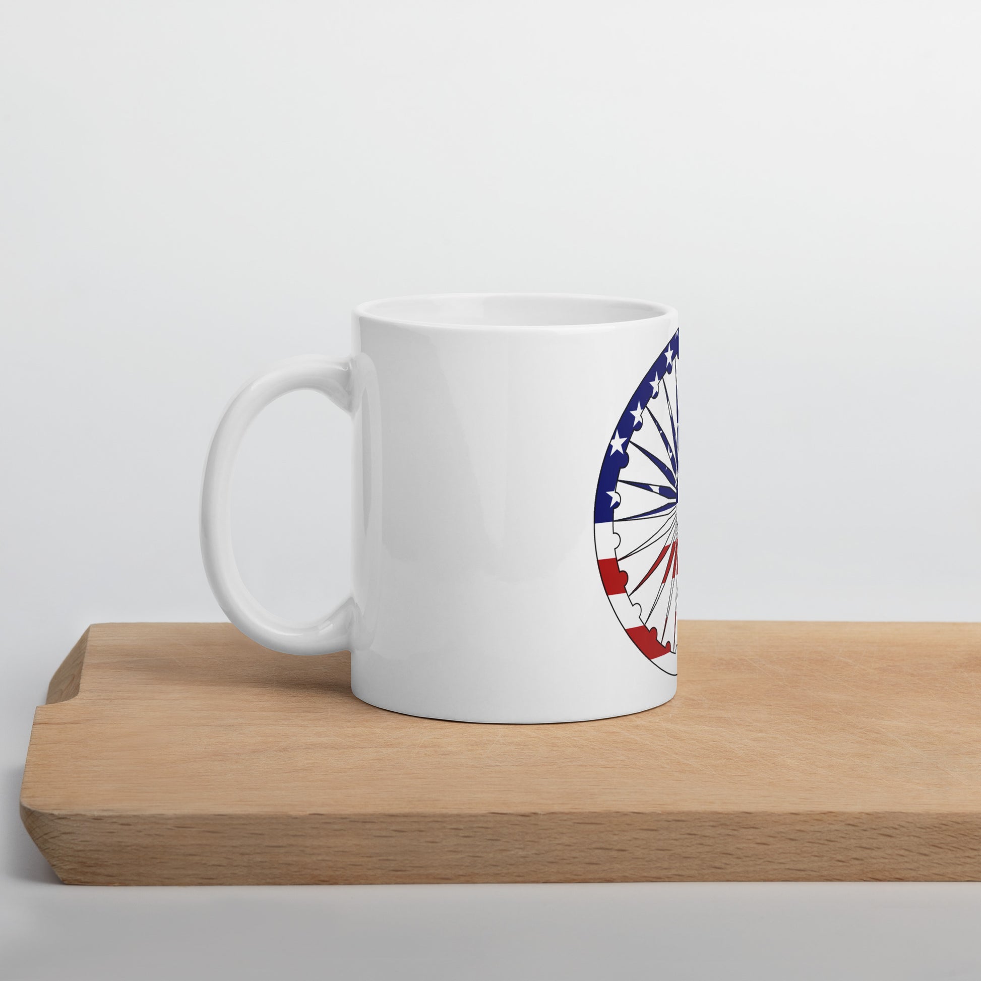 Indian American 11oz white mug on wooden board