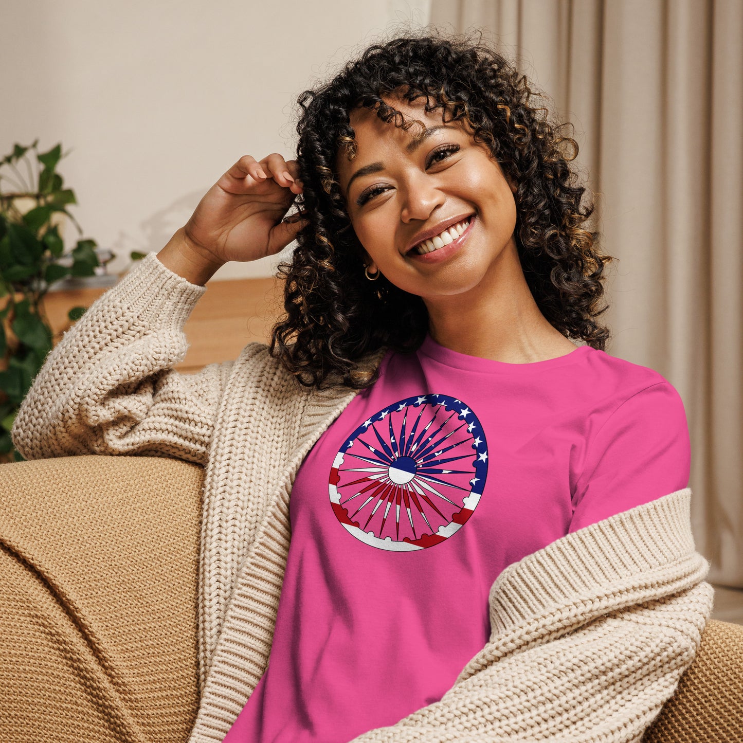 Indian American berry pink blue womens relaxed fit t-shirt-model front