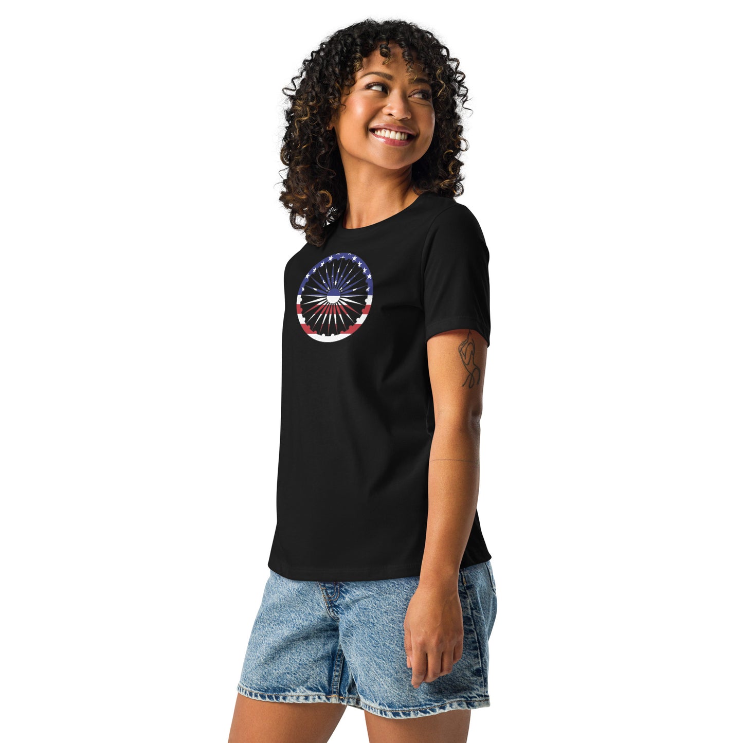 Indian American black womens relaxed fit t-shirt model left