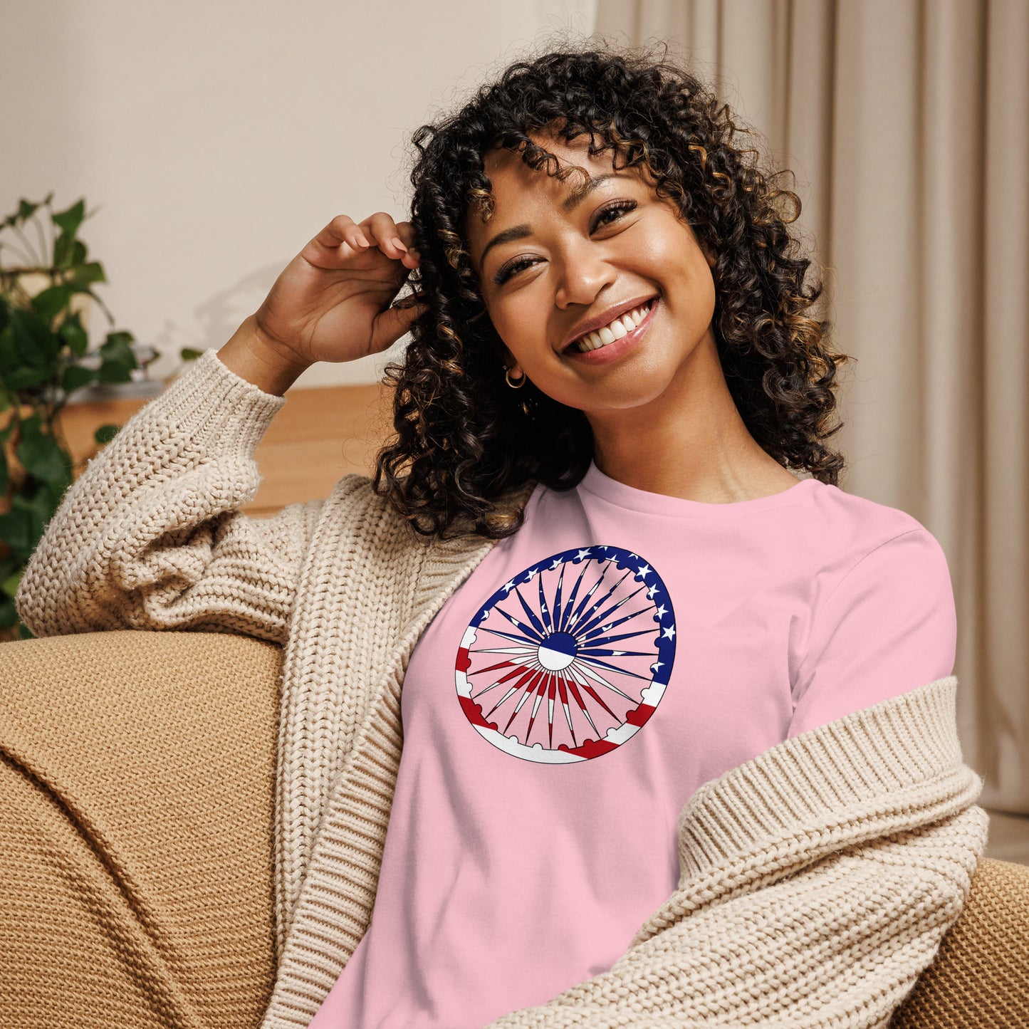 Indian American pink womens relaxed fit t-shirt model front