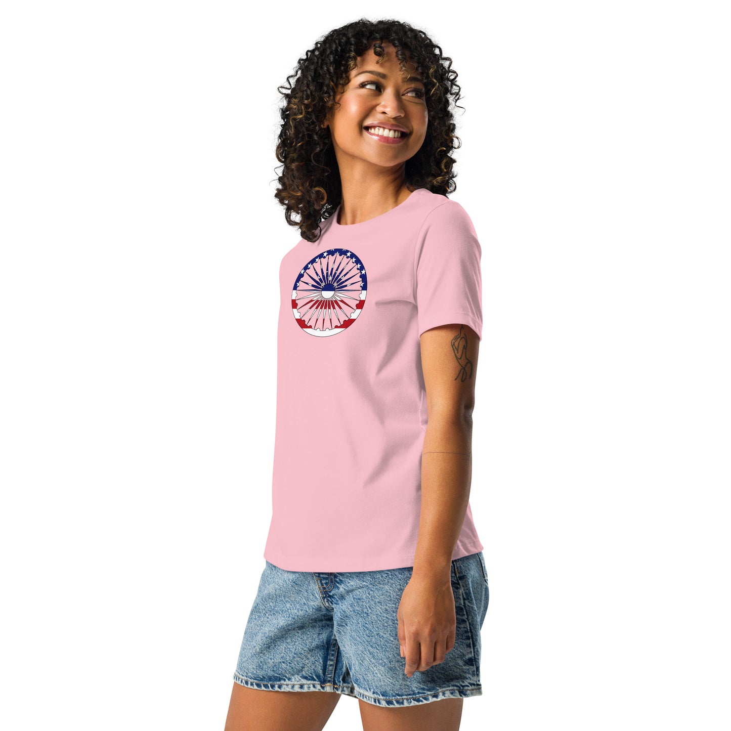 Indian American pink womens relaxed fit t-shirt model left