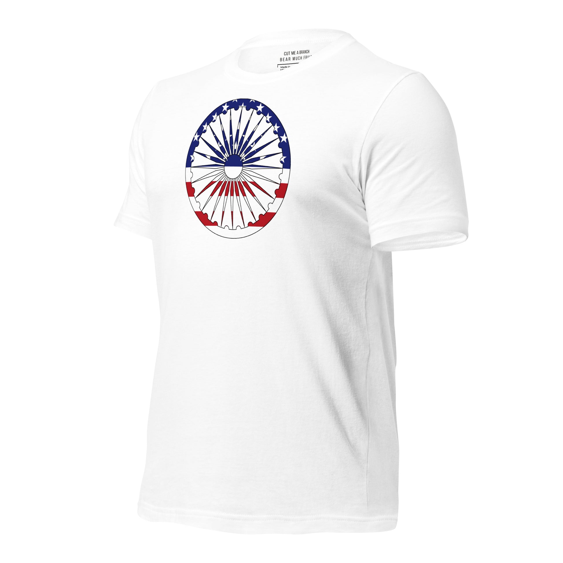 Indian American white t-shirt made in USA left front