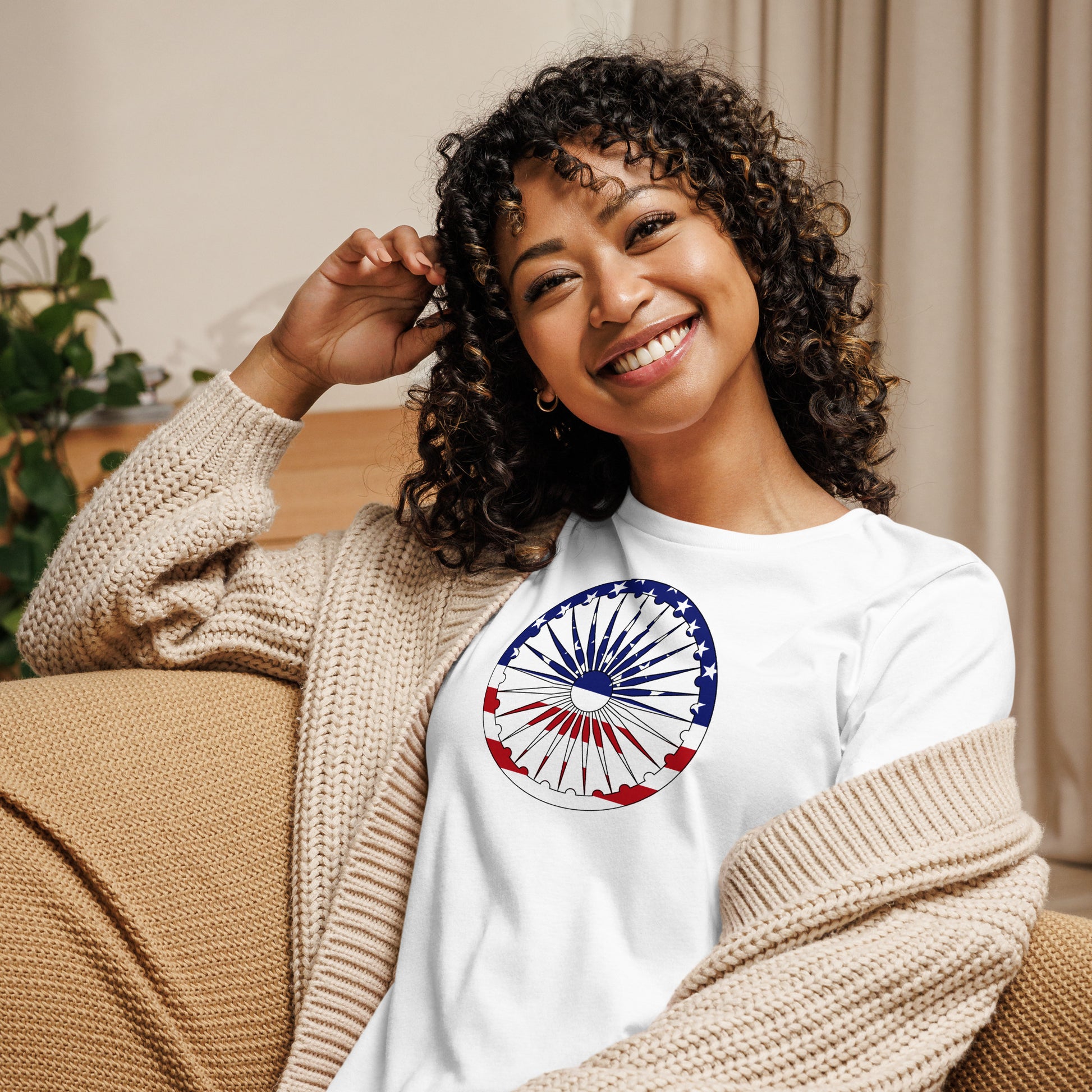 Indian American white womens relaxed fit t-shirt model front