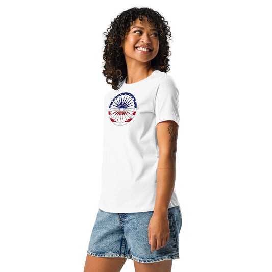 Indian American white womens relaxed fit t-shirt model left