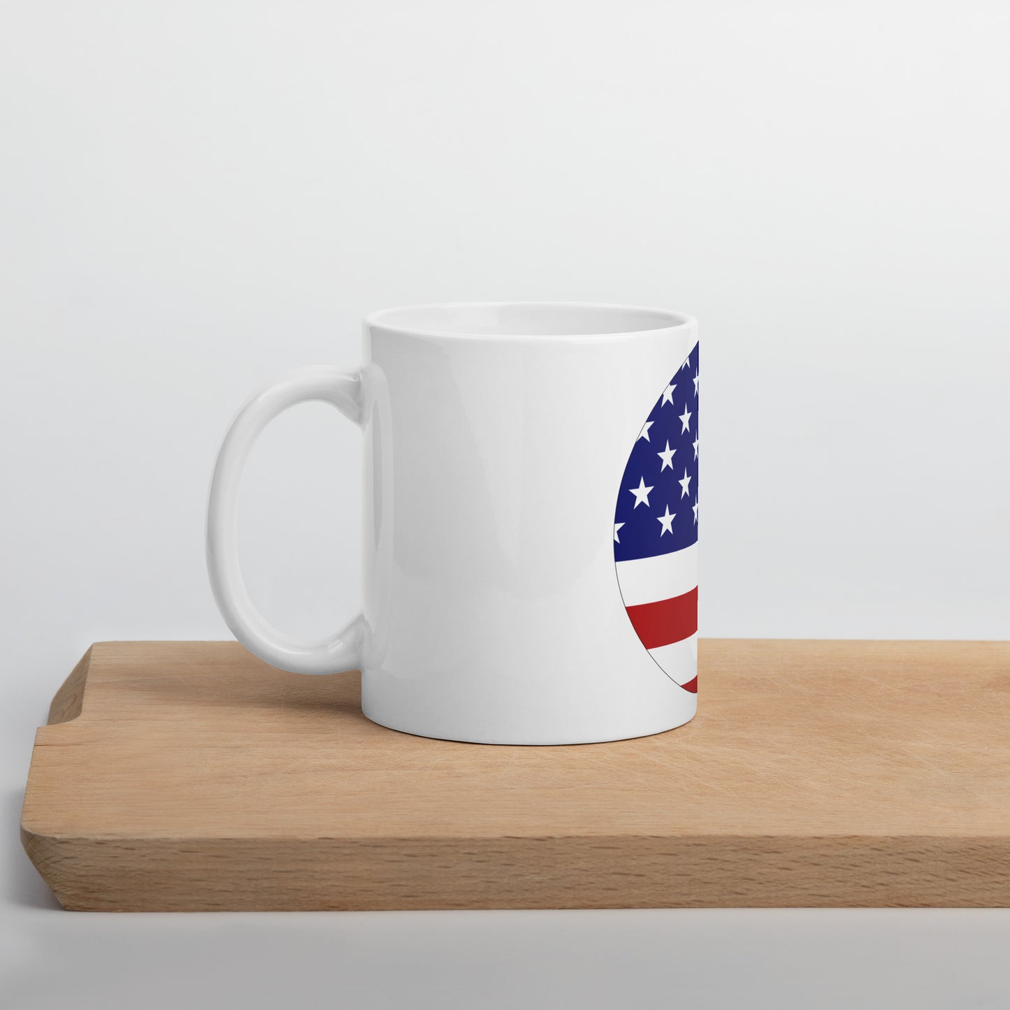 Japanese American 11oz white mug on wooden board