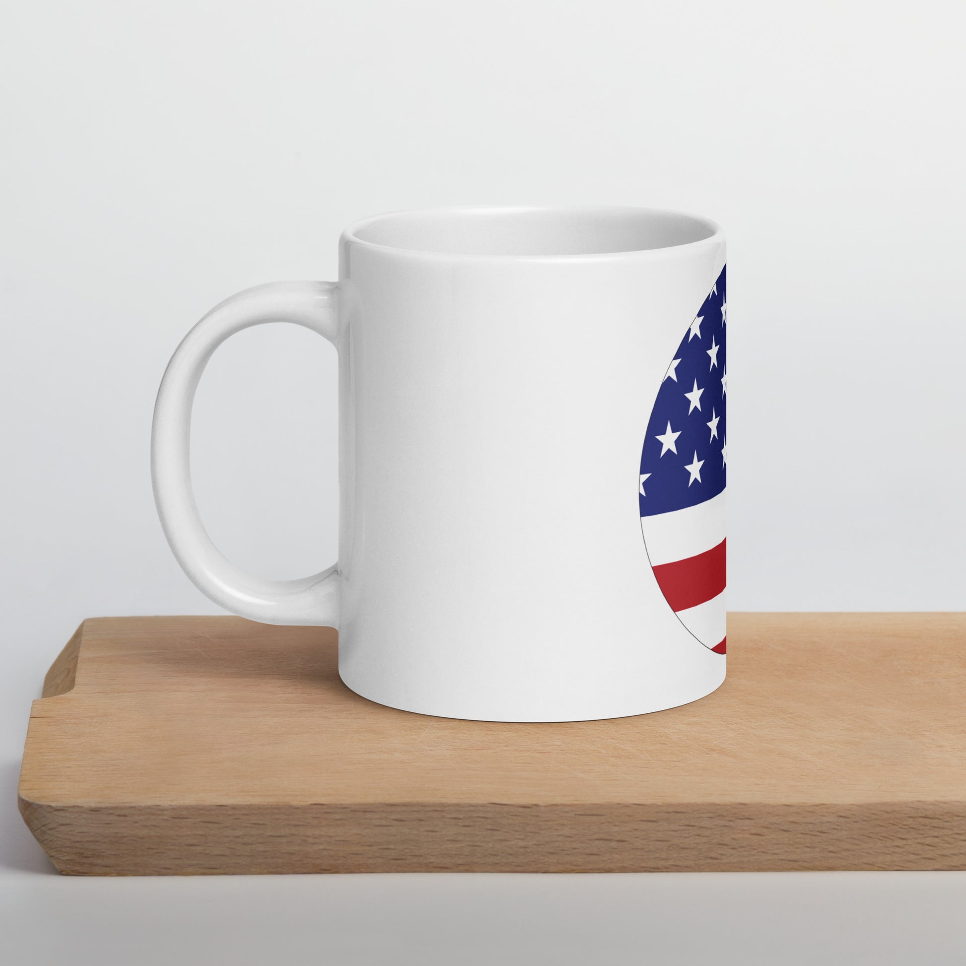 Japanese American 20oz white mug on wooden board