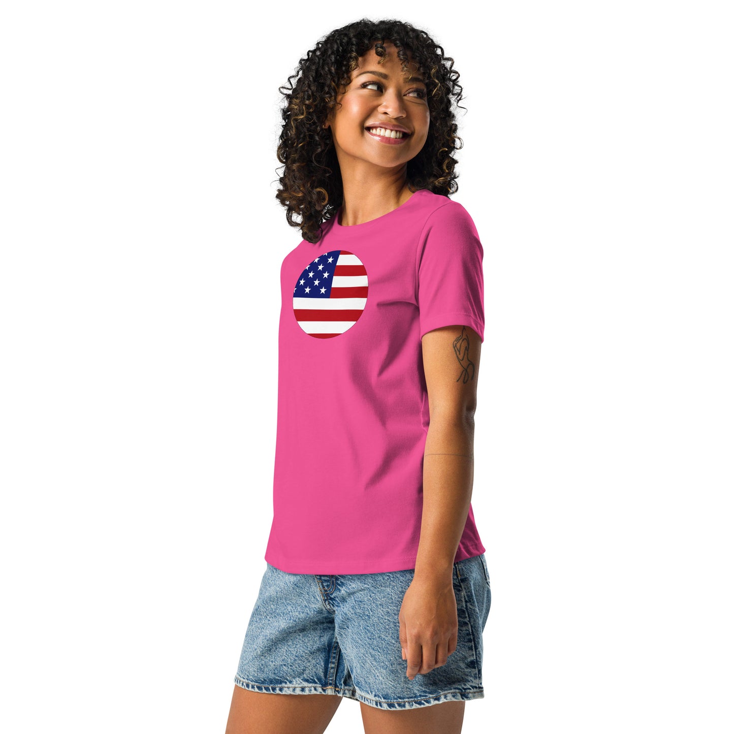 Japanese American berry pink blue womens relaxed fit t-shirt-model left