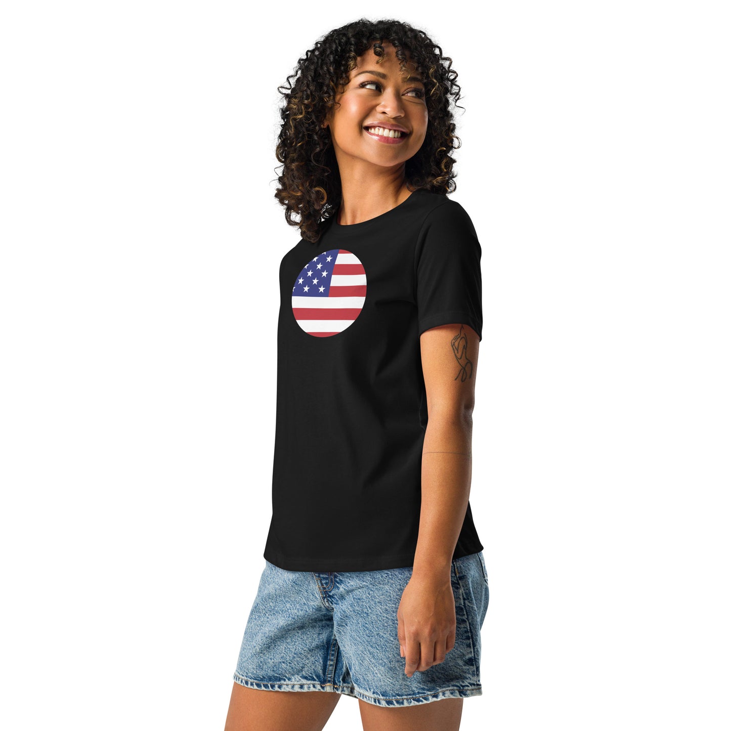 Japanese American black womens relaxed fit t-shirt model left