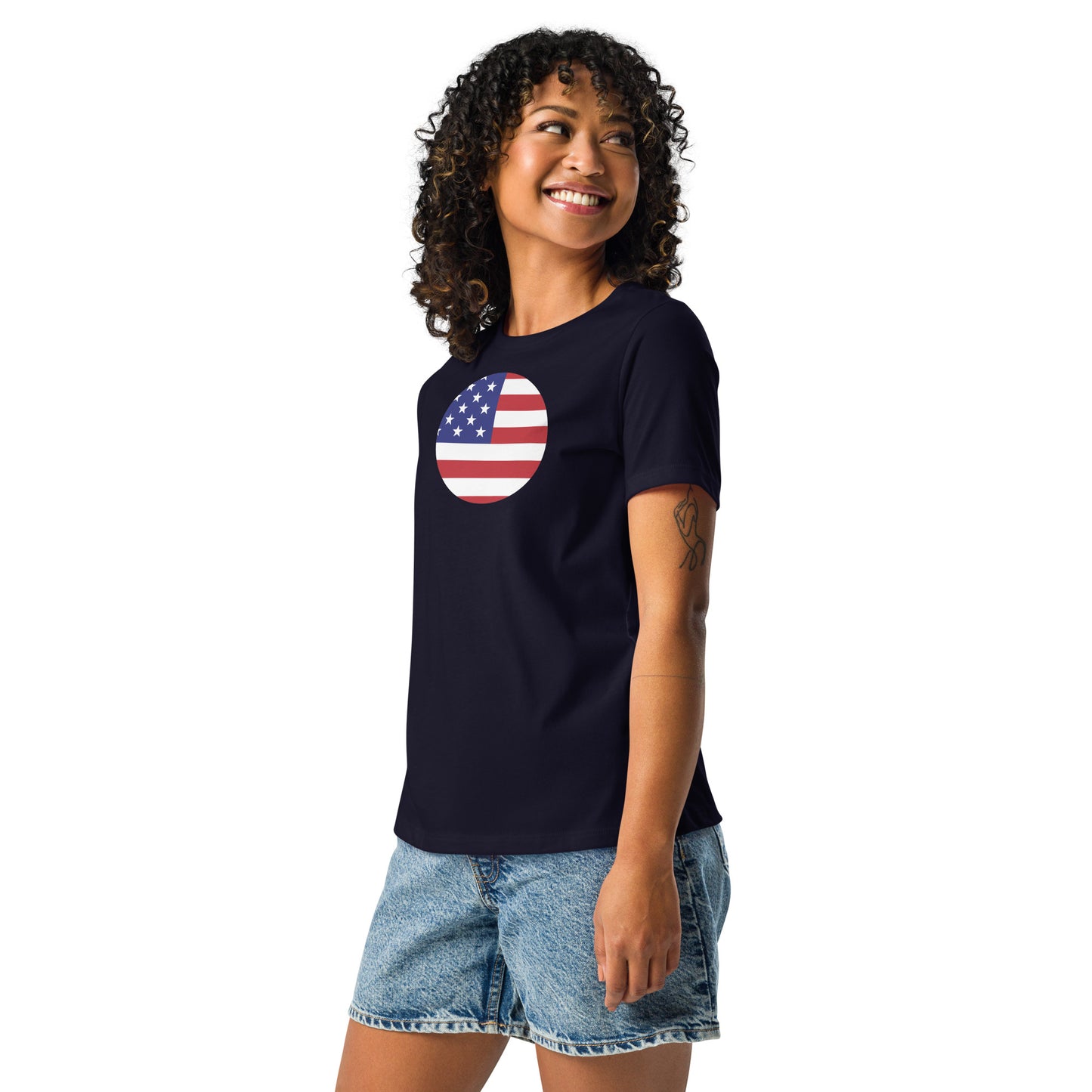 Japanese American navy blue womens relaxed fit t-shirt model left