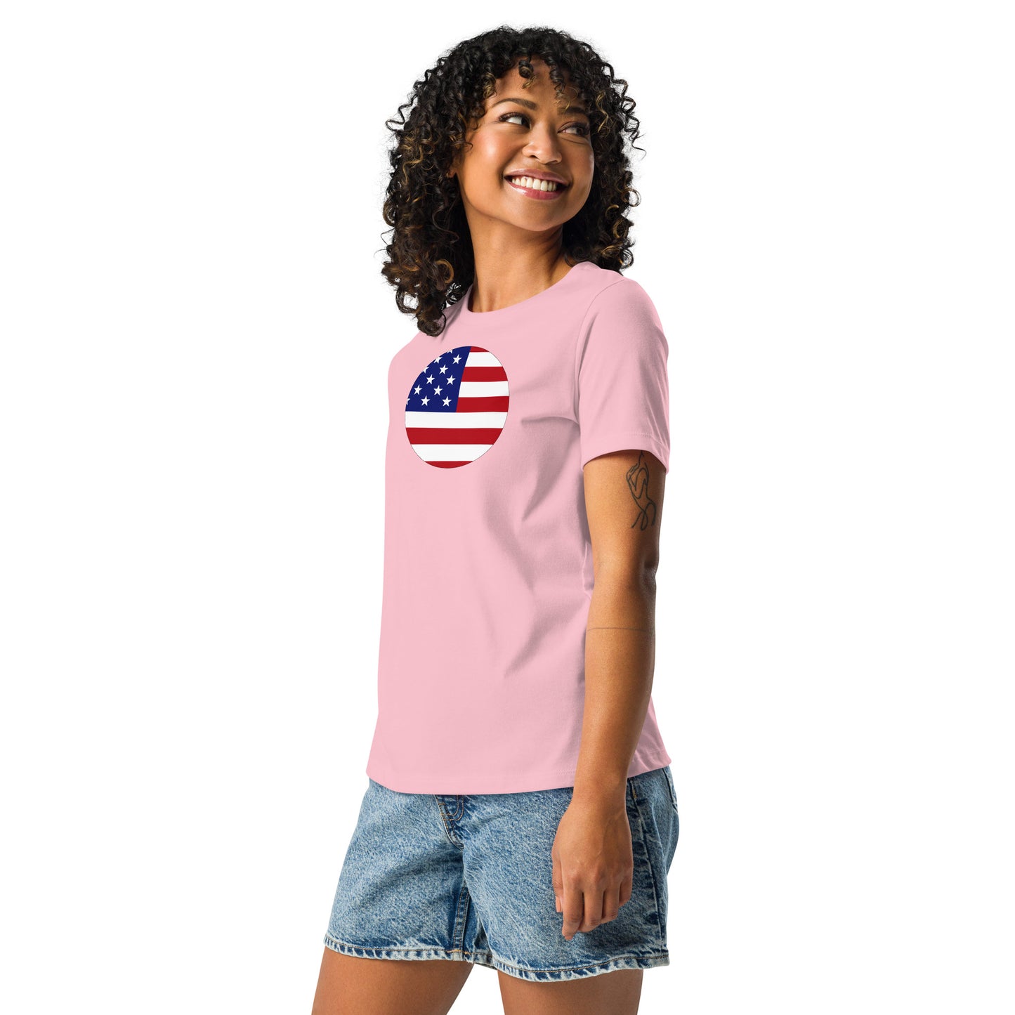 Japanese American pink womens relaxed fit t-shirt model left