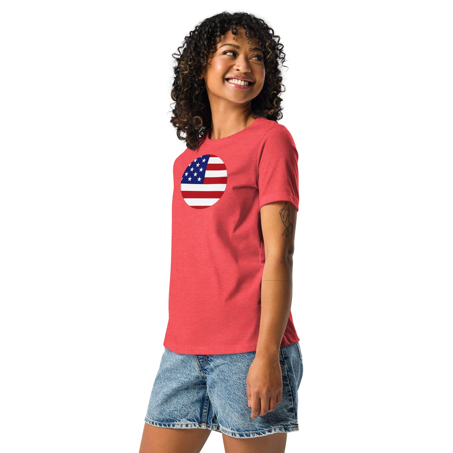 Japanese American red heather womens relaxed fit t-shirt model left