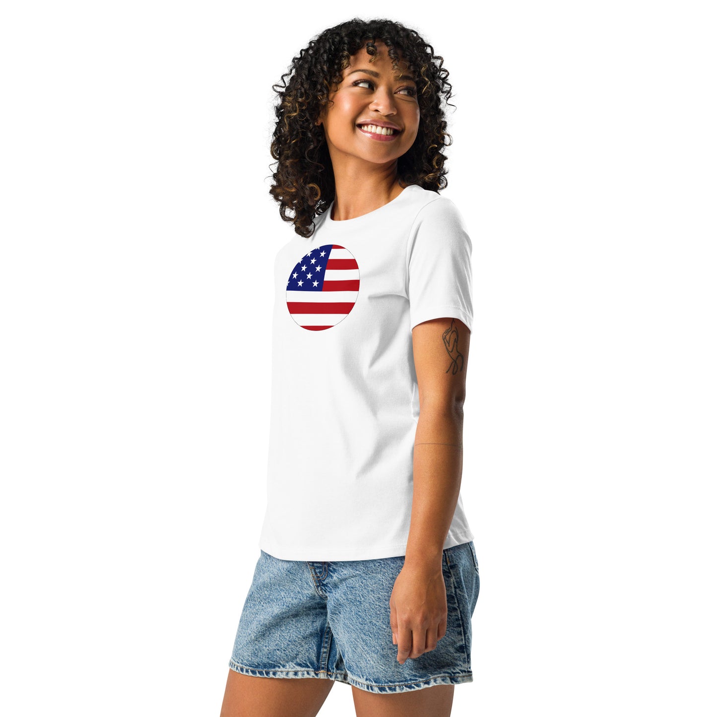 Japanese American white womens relaxed fit t-shirt model left