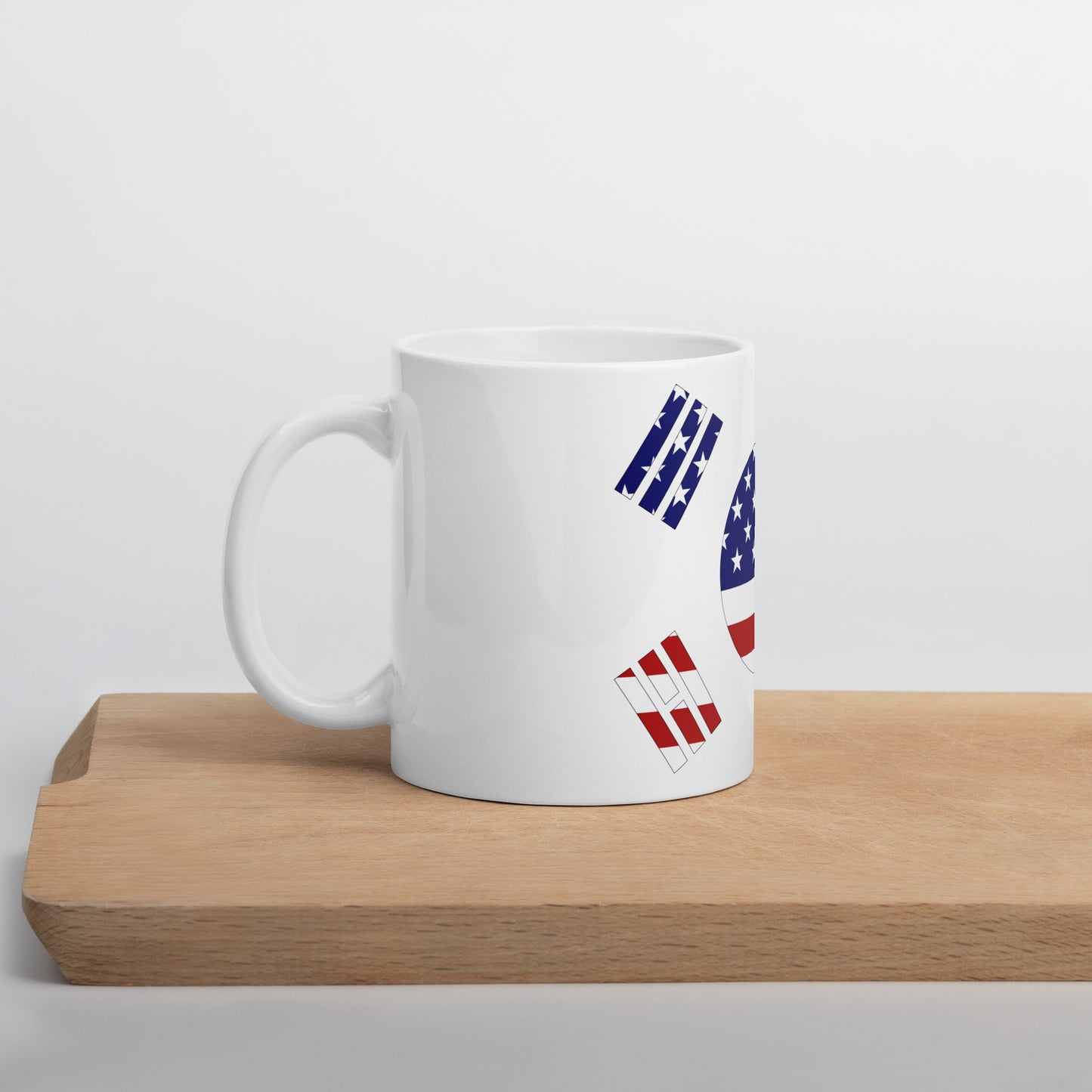 Korean American 11oz white mug on wooden board