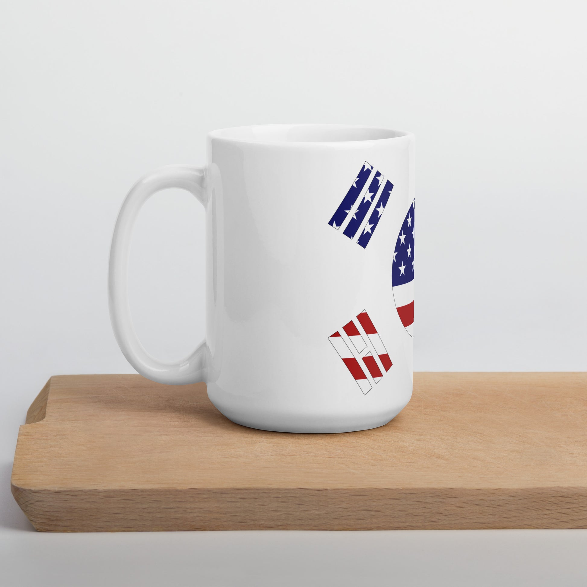 Korean American 15oz white mug on wooden board