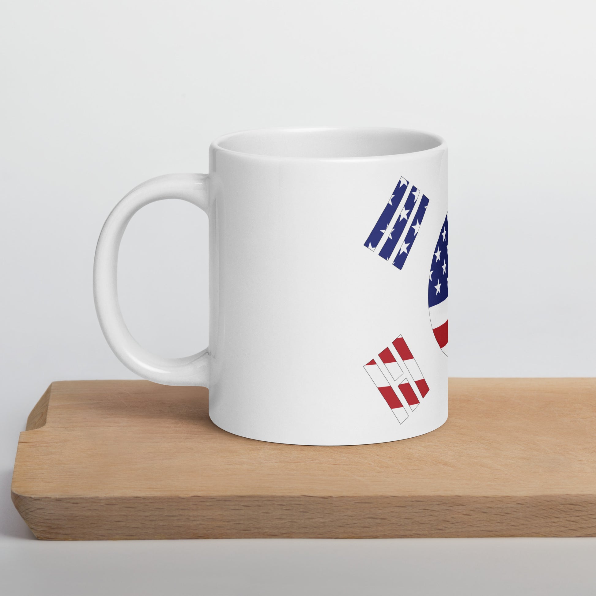 Korean American 20oz white mug on wooden board