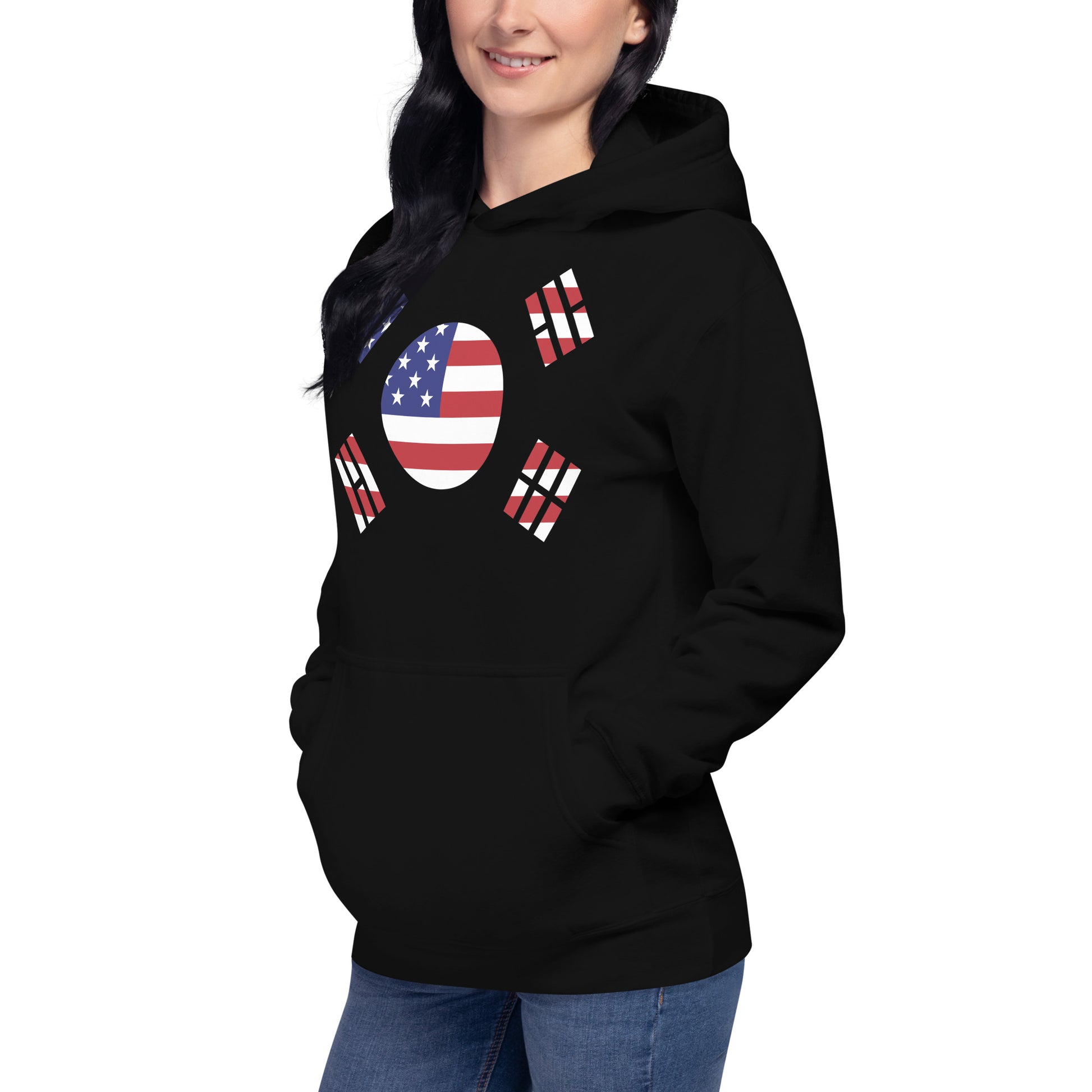 Korean American black hoodie left front womens