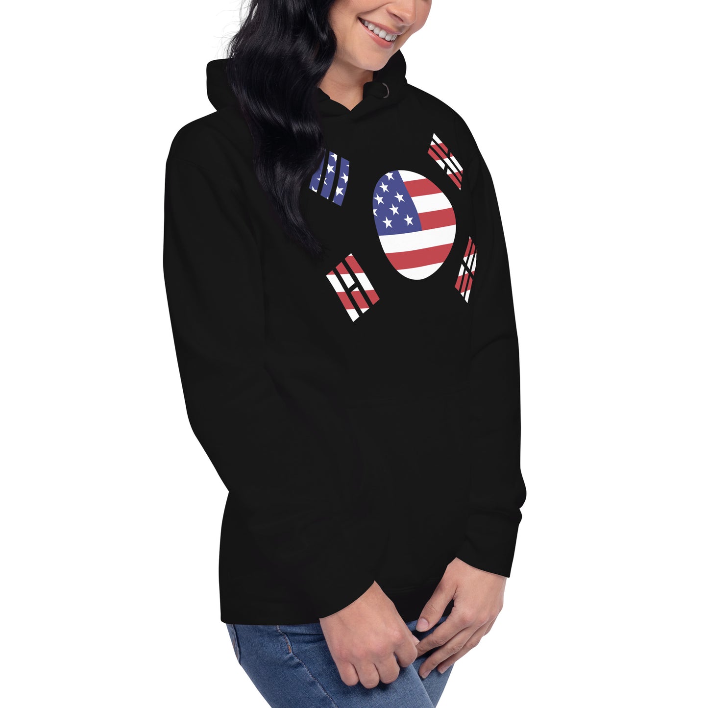 Korean American black hoodie right front womens