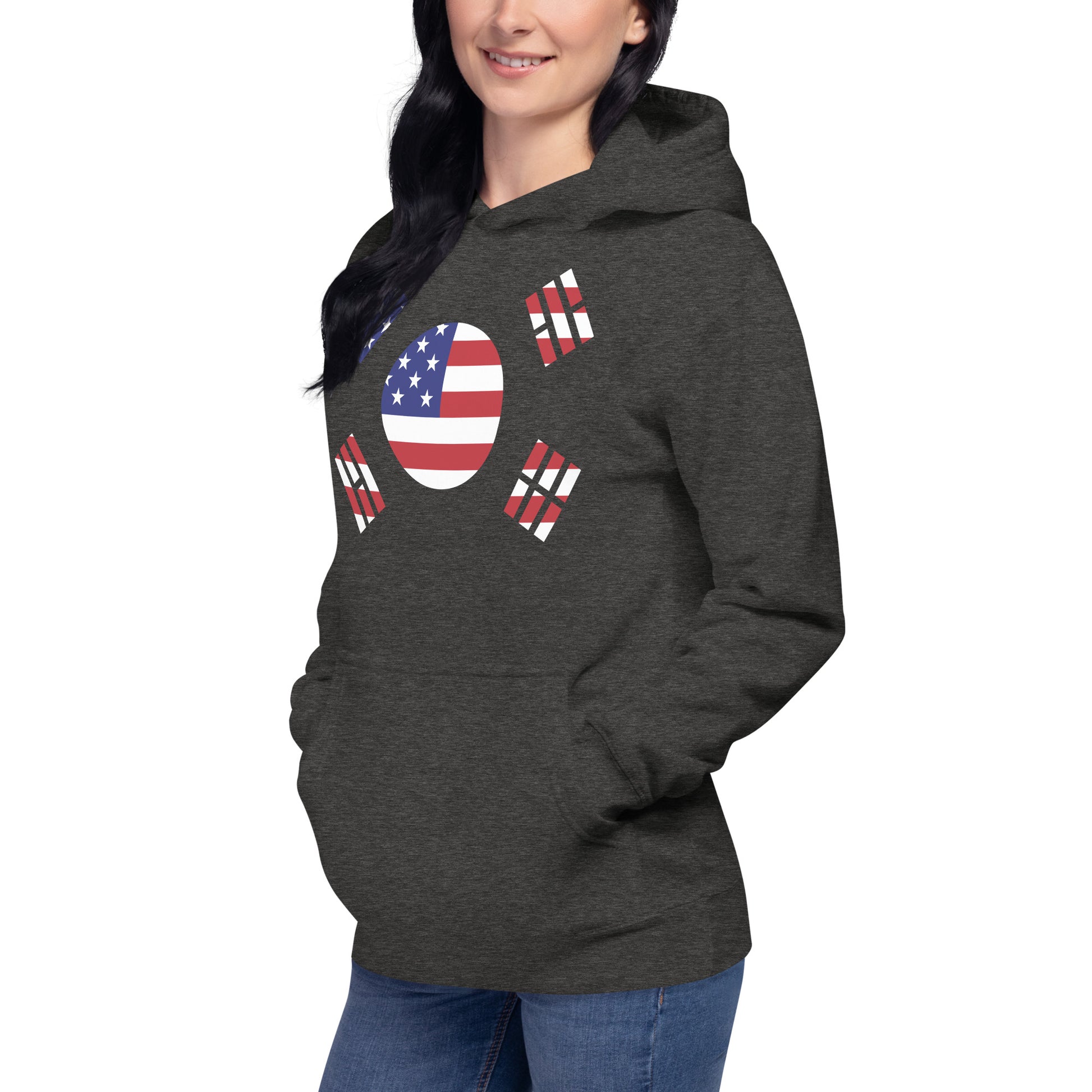 Korean American charcoal grey hoodie left front womens