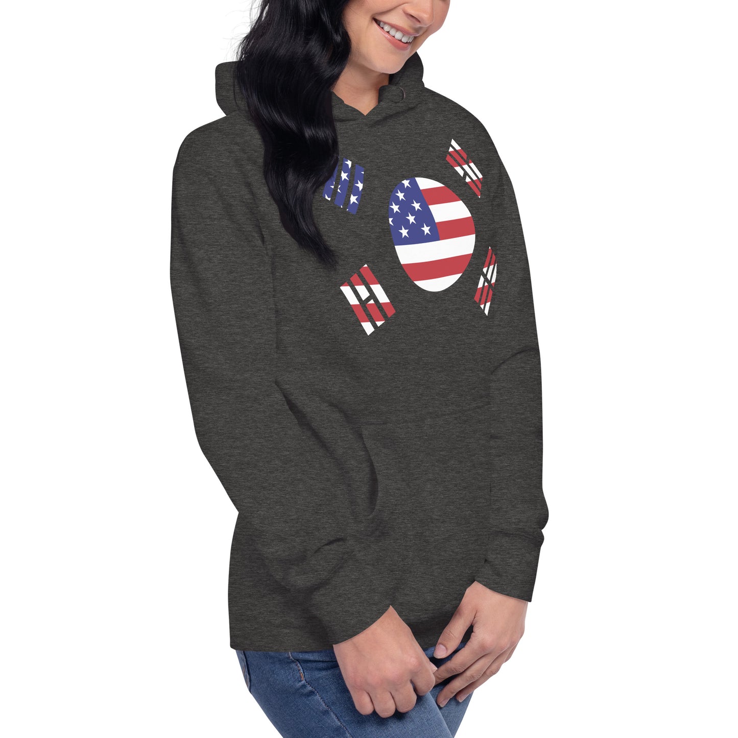 Korean American charcoal grey hoodie right front womens