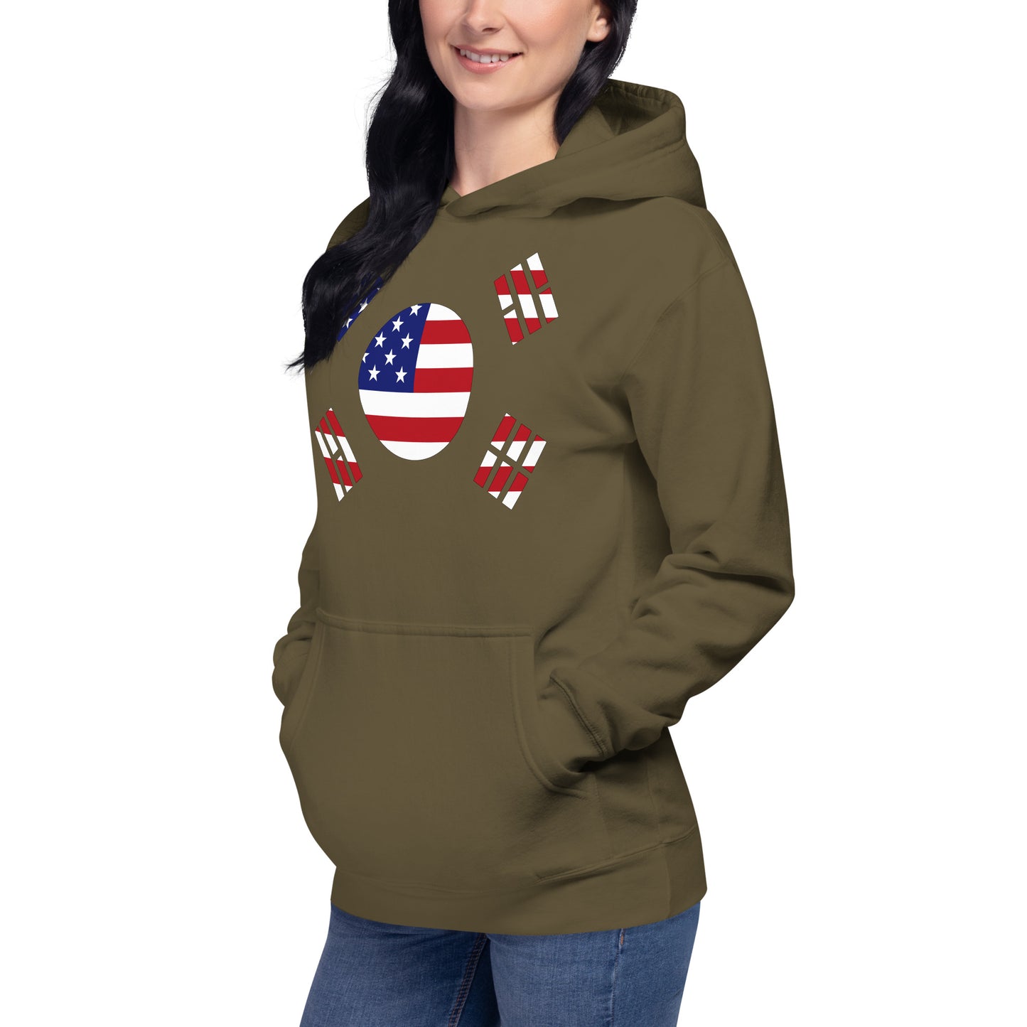 Korean American military green hoodie left front womens