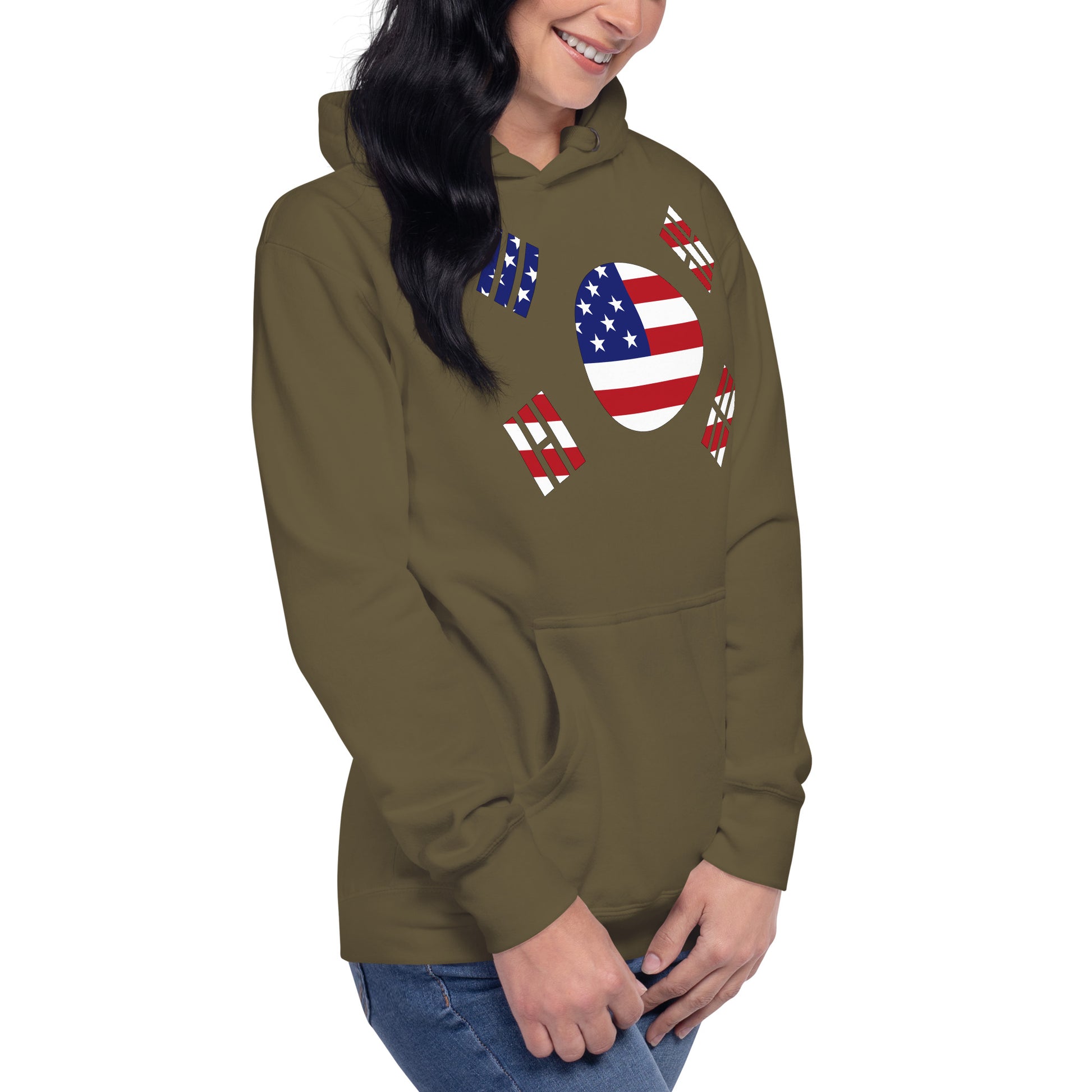 Korean American military green hoodie right front womens