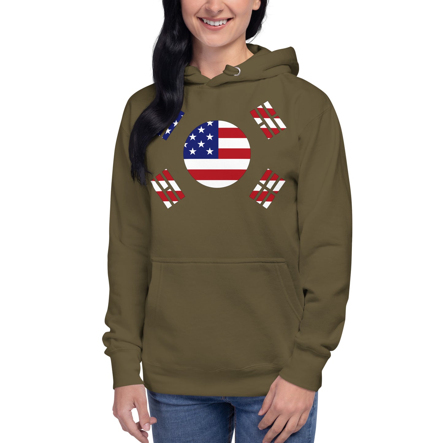 Korean American military green hoodie womens