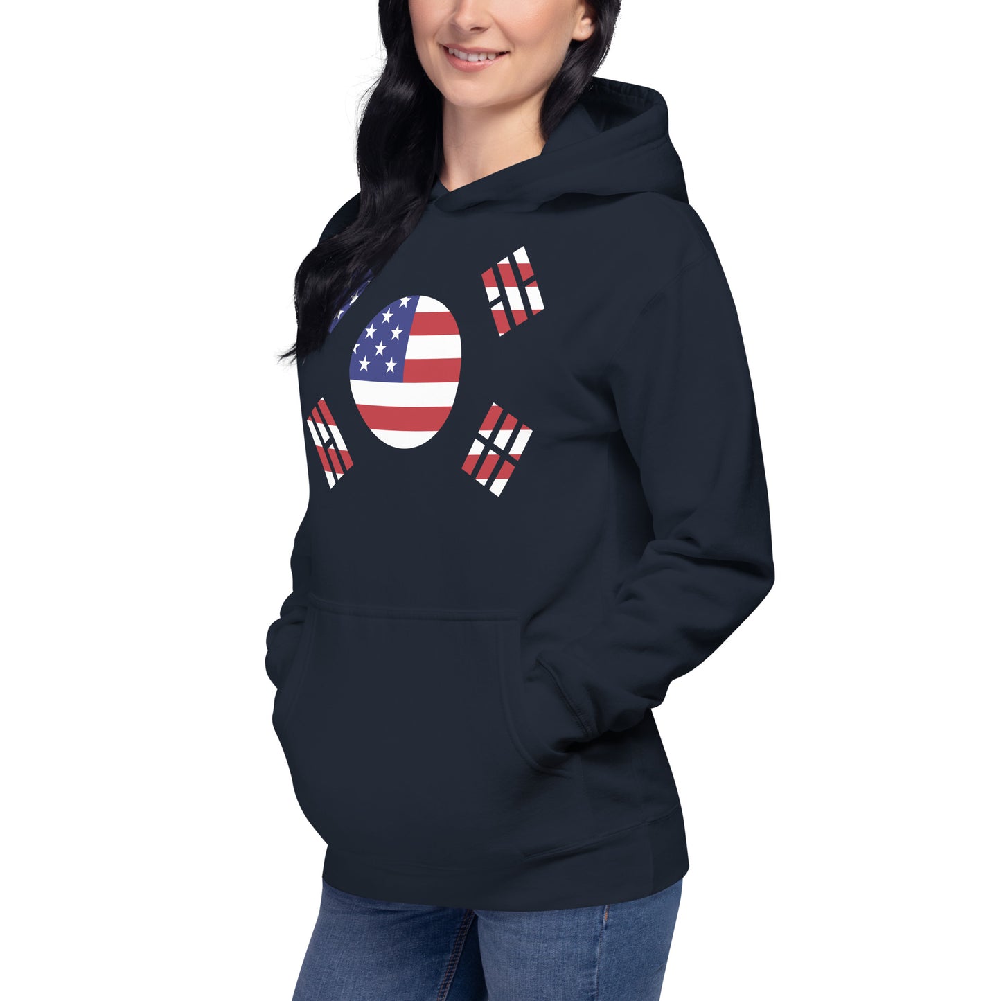 Korean American navy blue hoodie left front womens