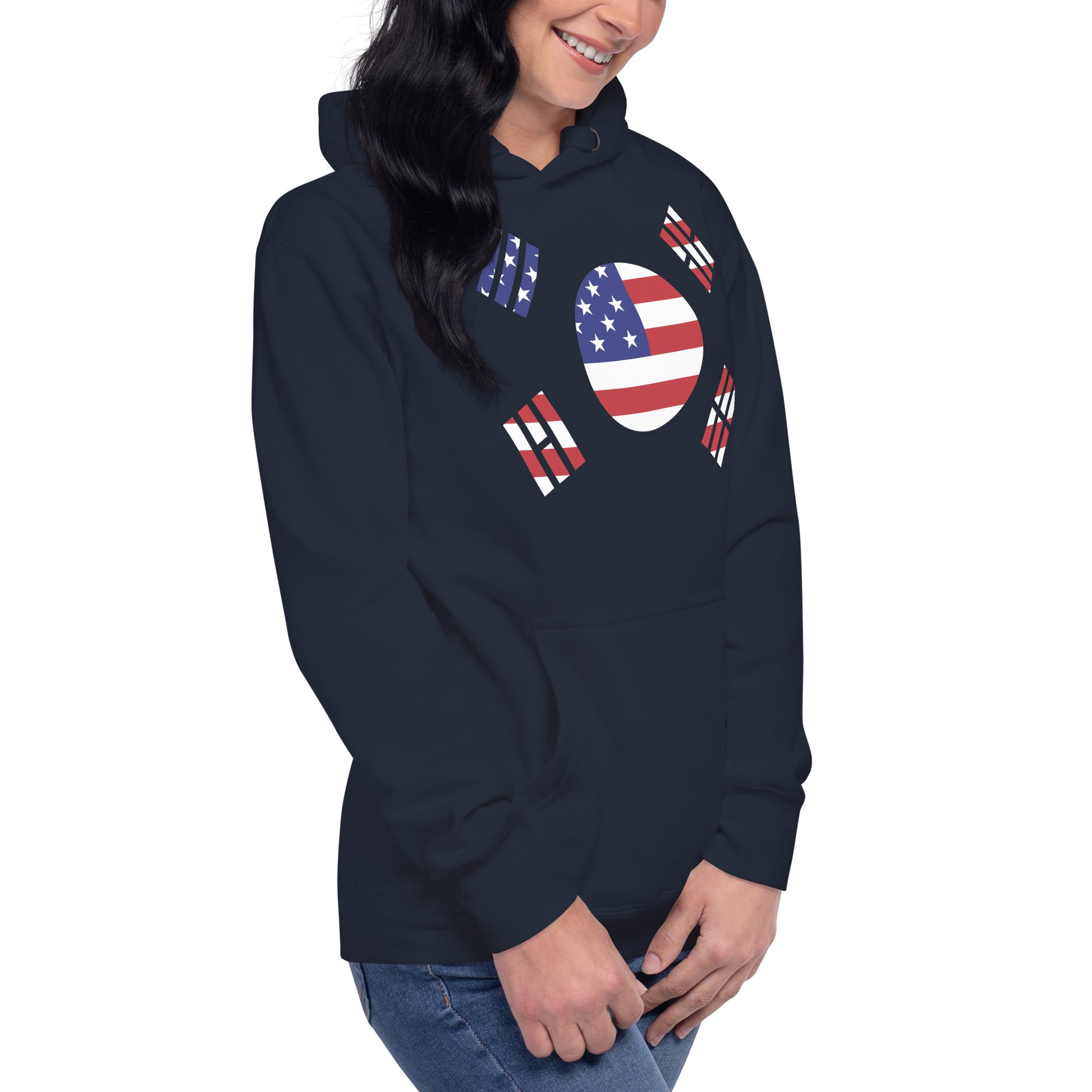 Korean American navy blue hoodie right front womens