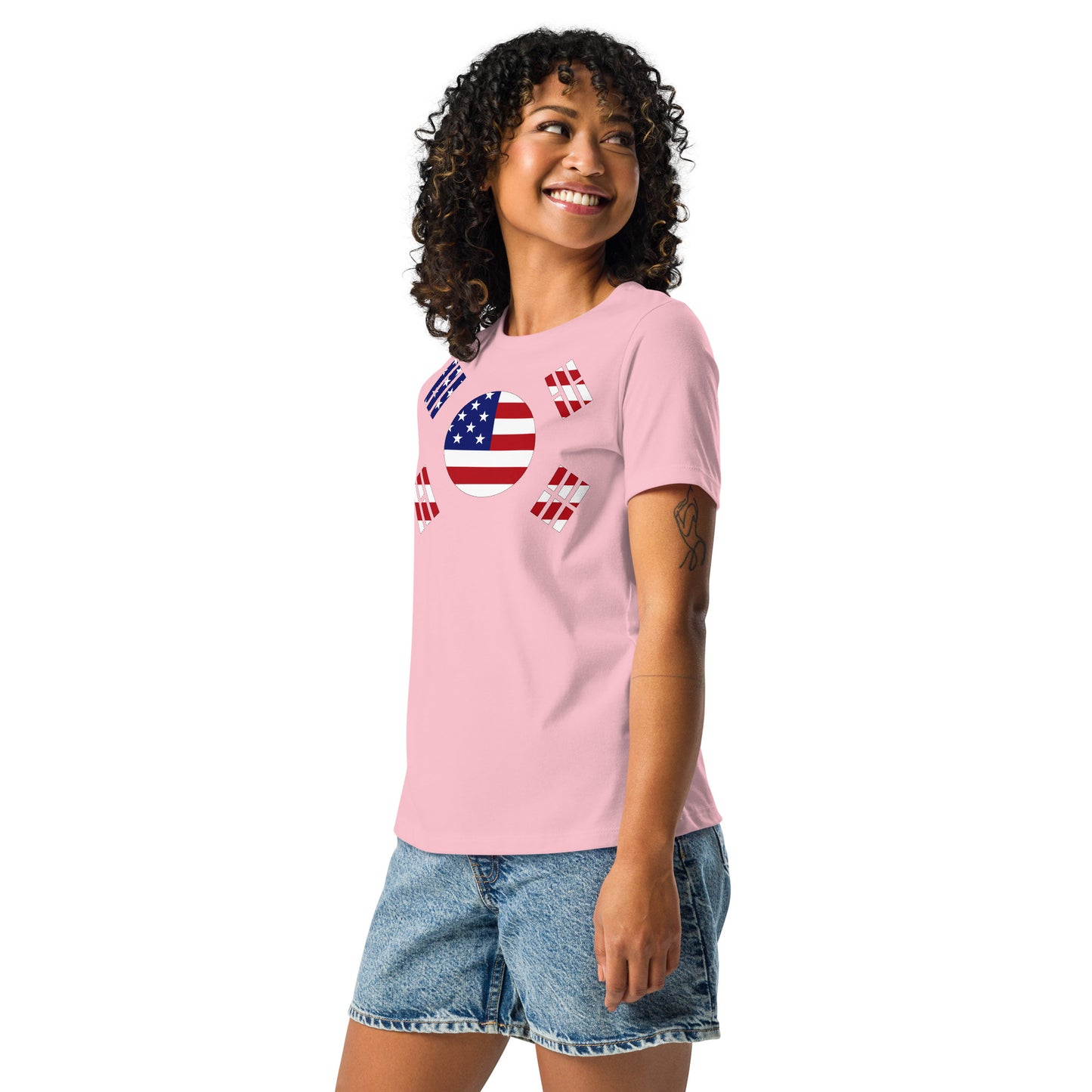 Korean American pink womens relaxed fit t-shirt model left