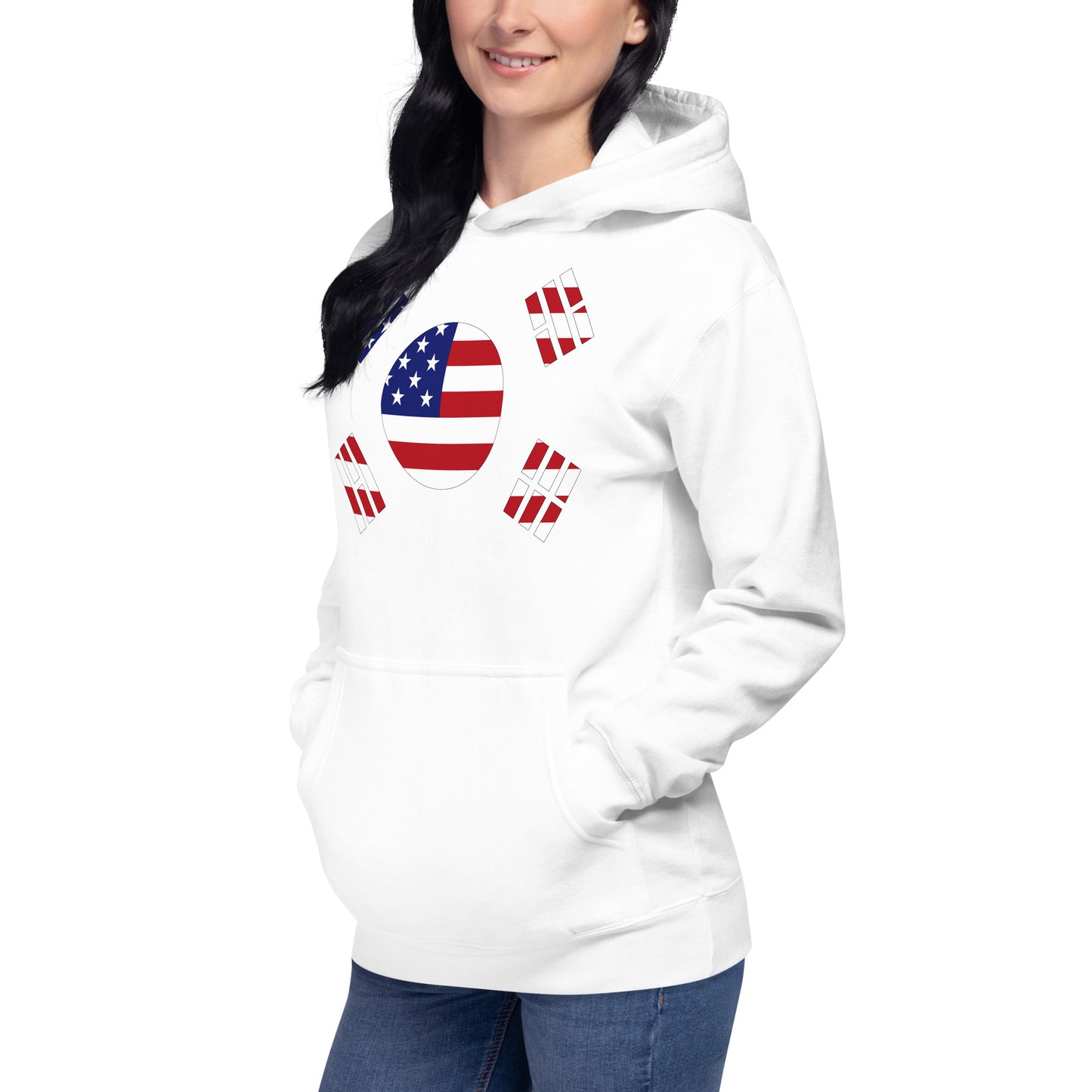 Korean American white hoodie left front womens