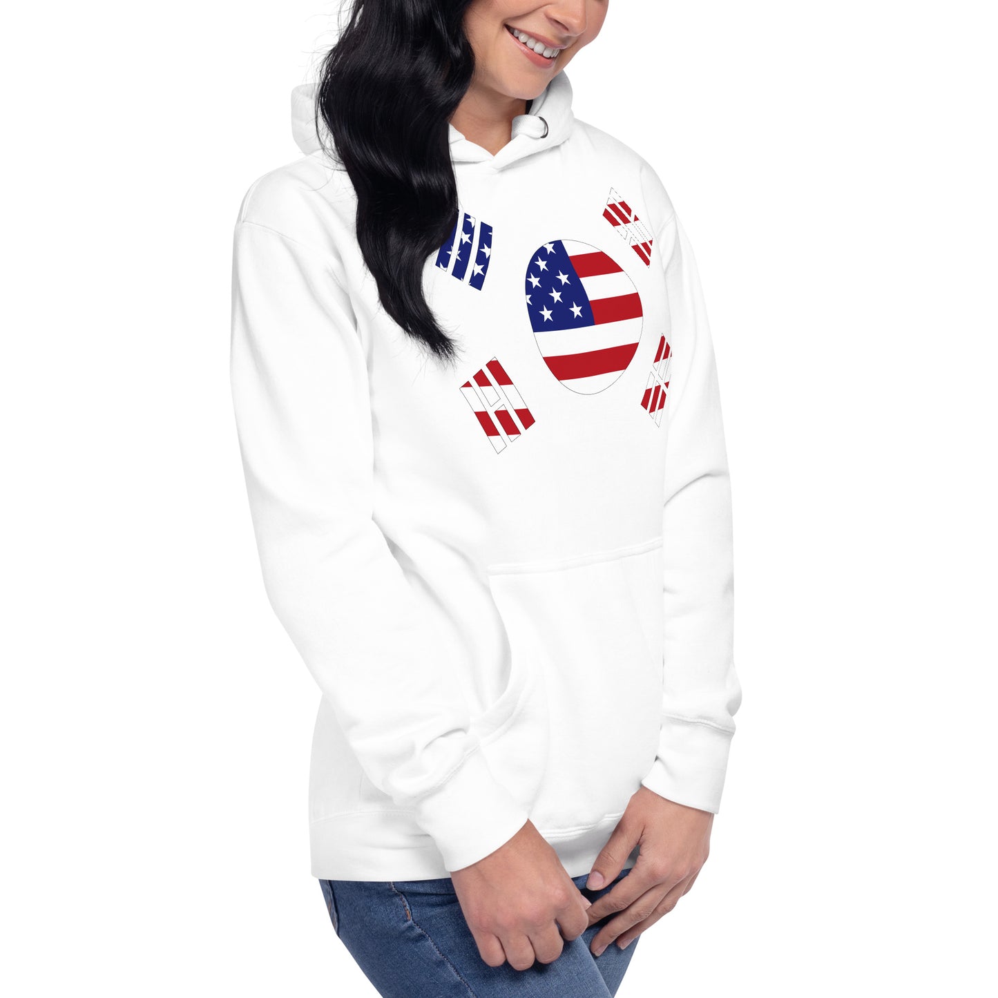 Korean American white hoodie right front womens