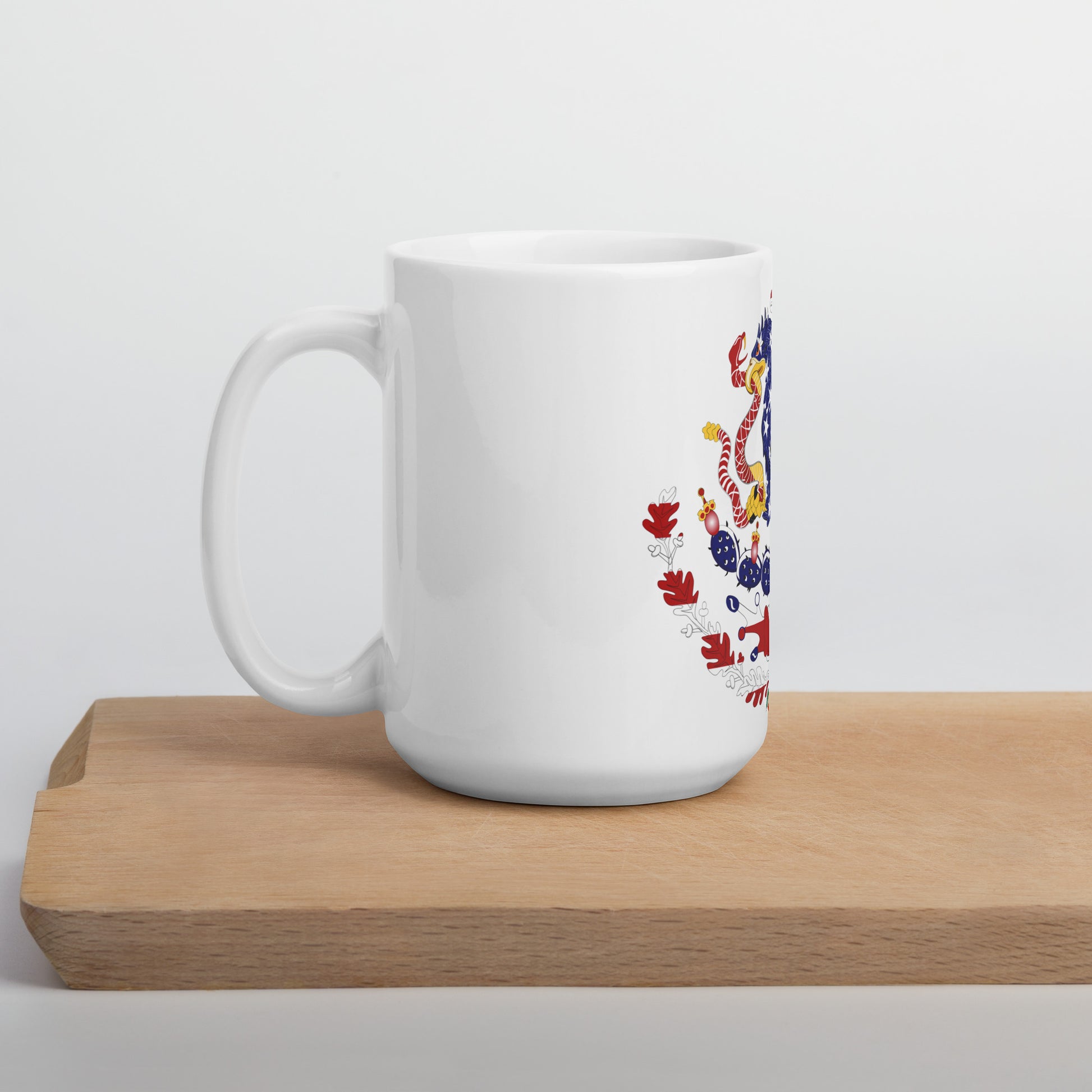 Mexican American 15oz white mug on wooden board