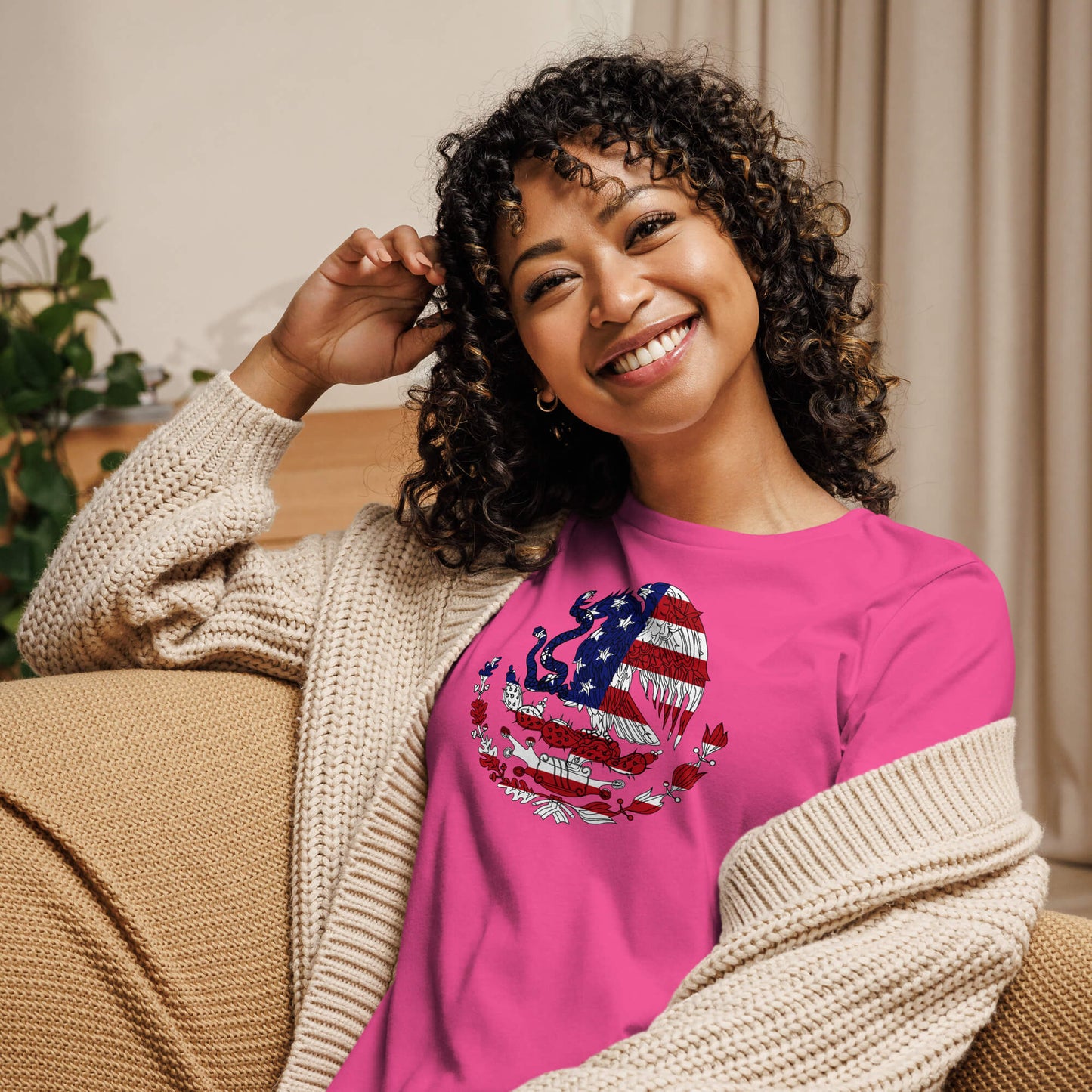 Mexican American berry pink blue womens relaxed fit t-shirt-model front