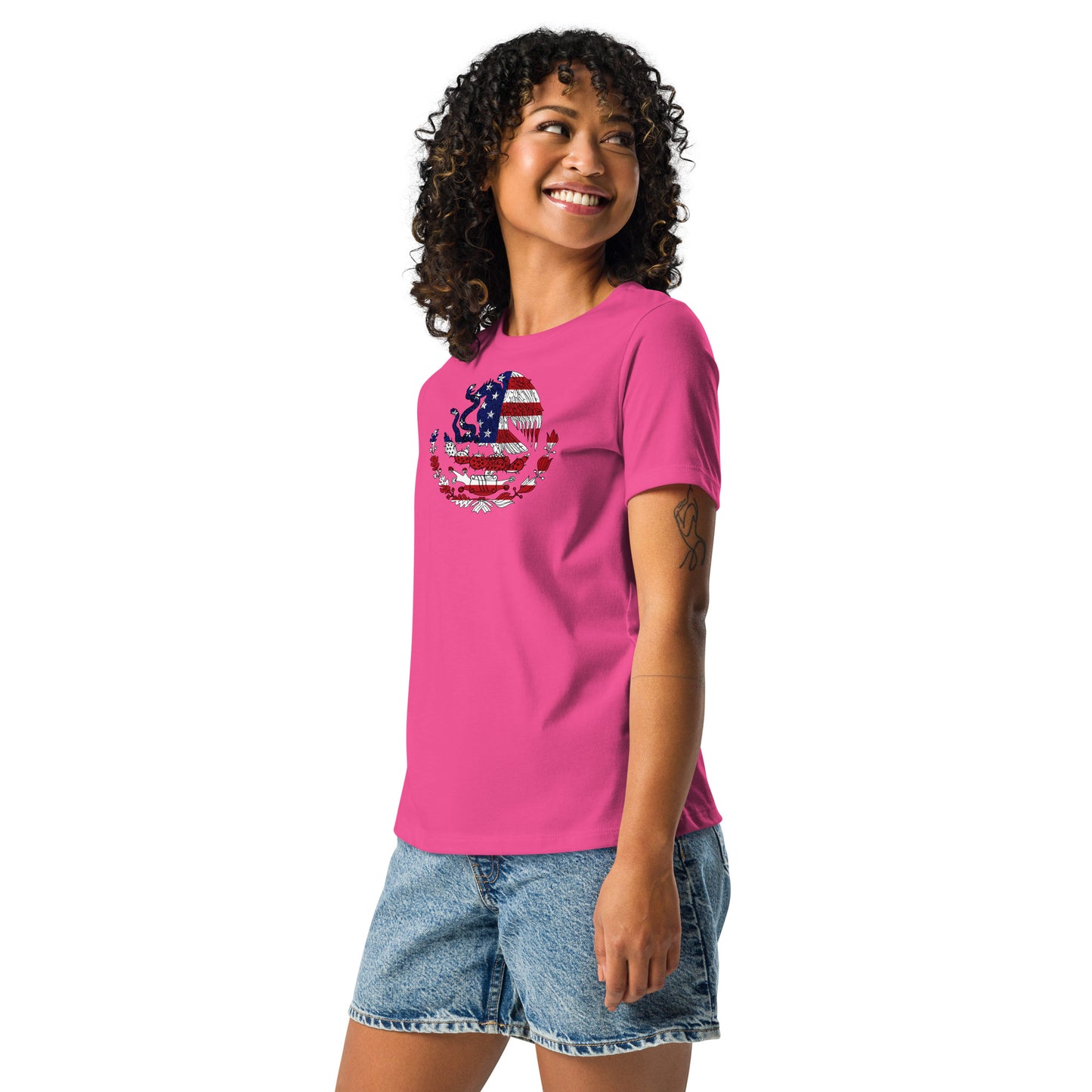 Mexican American berry pink blue womens relaxed fit t-shirt-model left