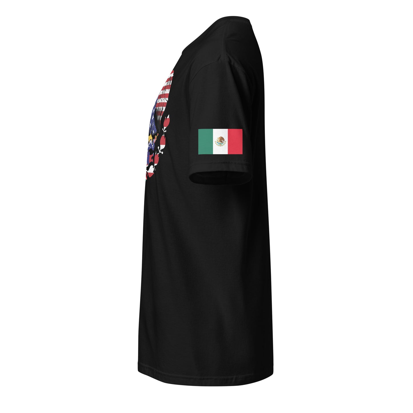 Mexican American black t-shirt eagles wings design stars forward left sleeve Mexican flag