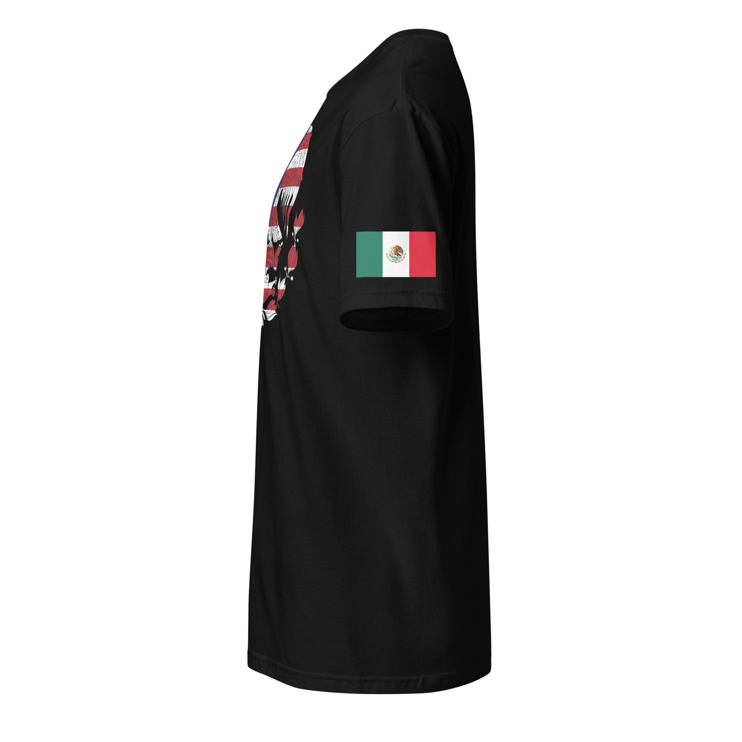 Mexican American black t-shirt stars forward left sleeve Mexican flag