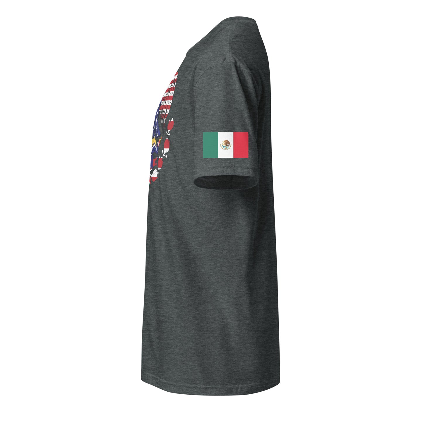 Mexican American dark grey heather t-shirt eagles wings design stars forward left sleeve Mexican flag