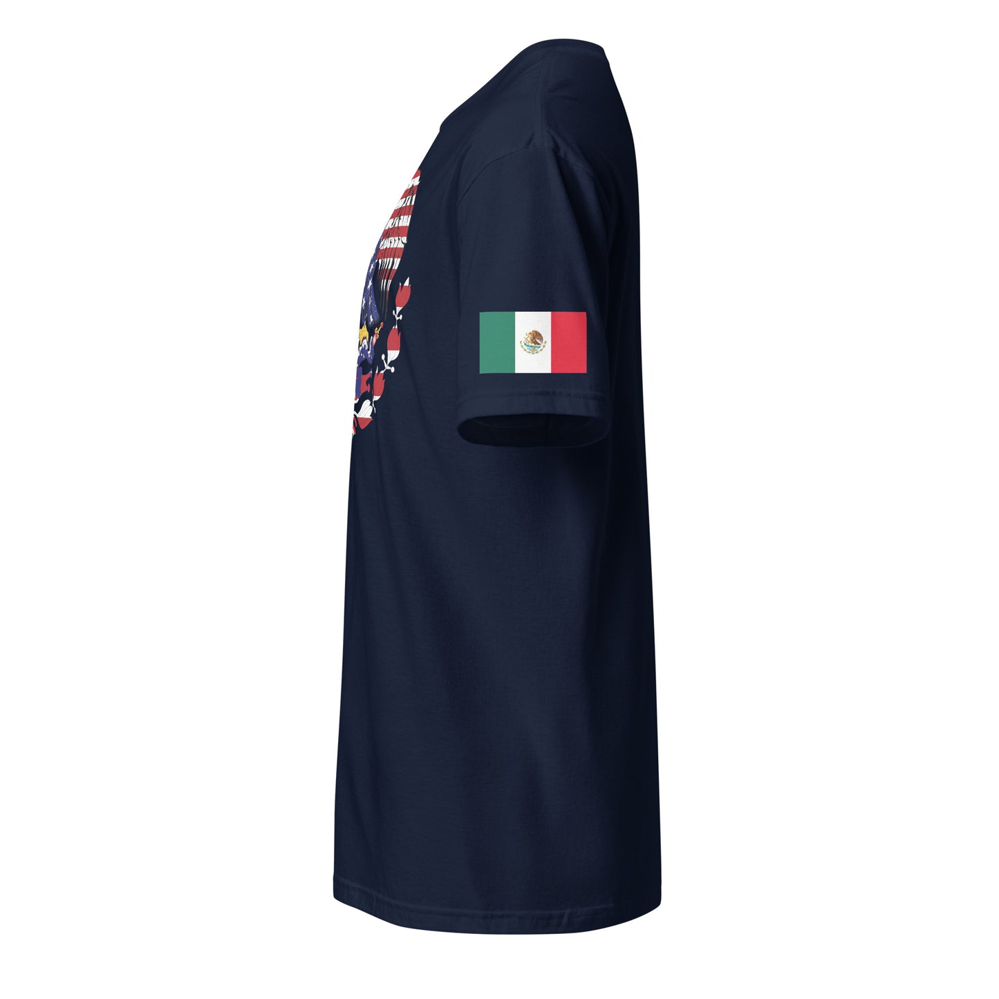 Mexican American navy blue t-shirt eagles wings design stars forward left sleeve Mexican flag