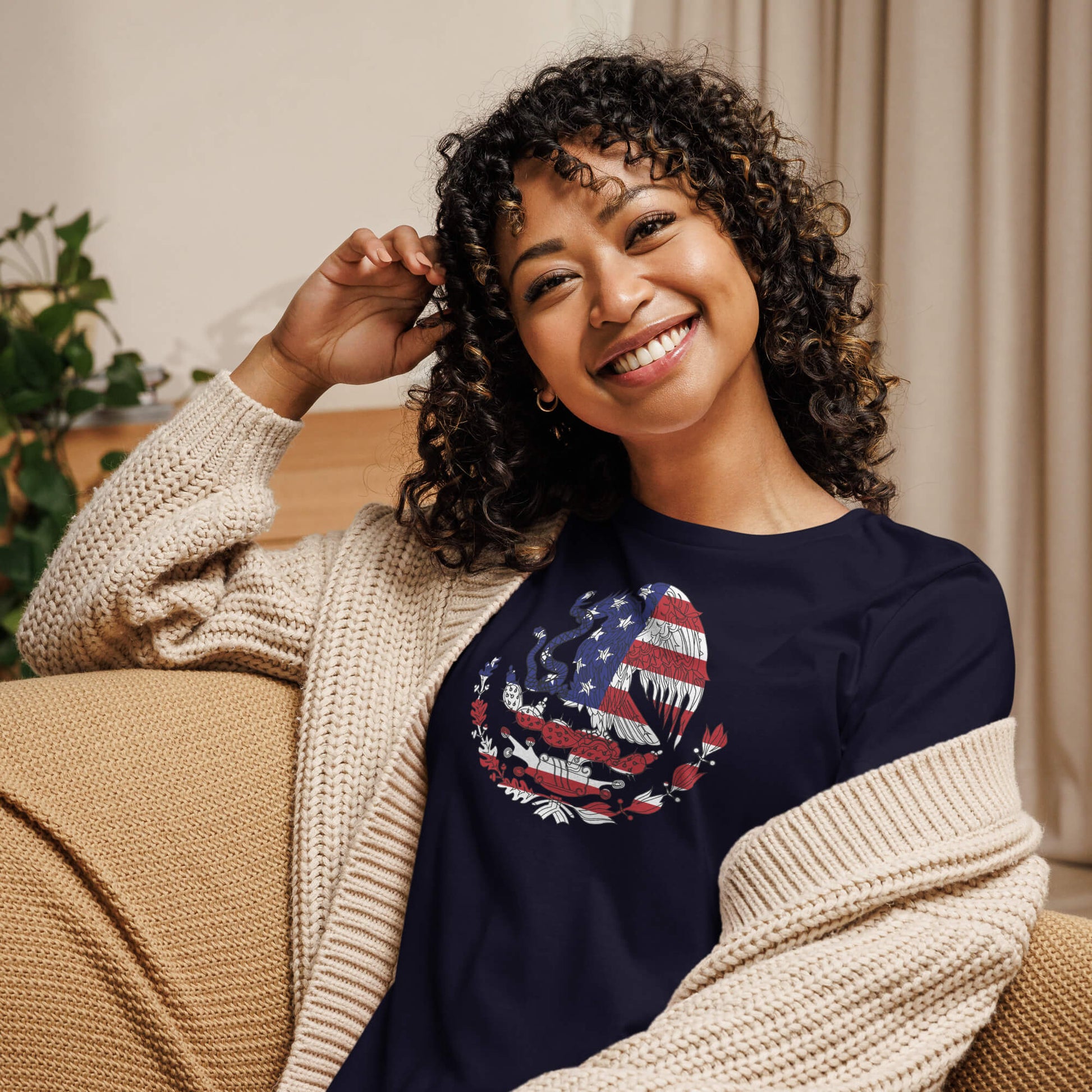 Mexican American navy blue womens relaxed fit t-shirt model front