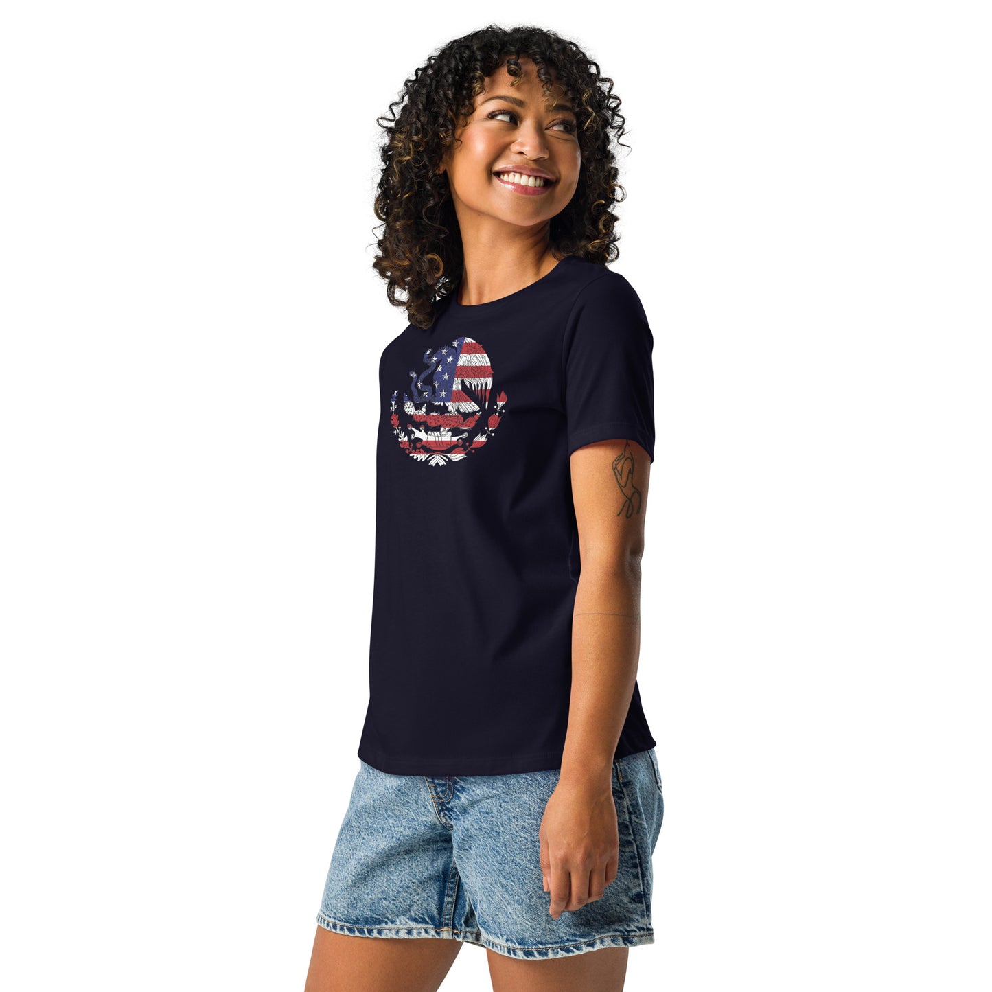 Mexican American navy blue womens relaxed fit t-shirt model left