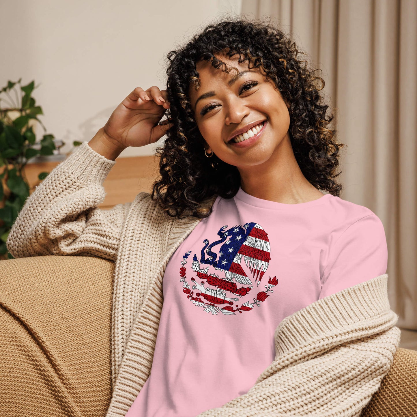 Mexican American pink womens relaxed fit t-shirt model front