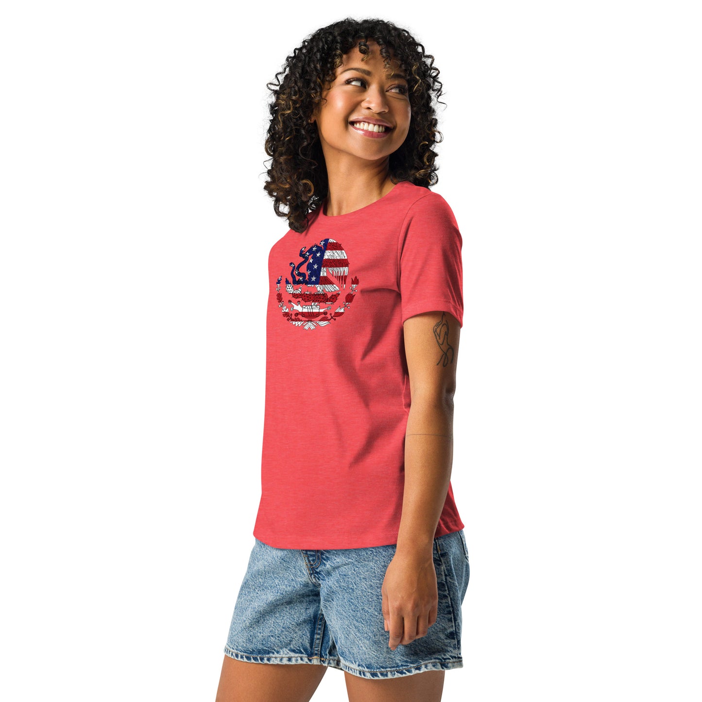 Mexican American red heather womens relaxed fit t-shirt model left