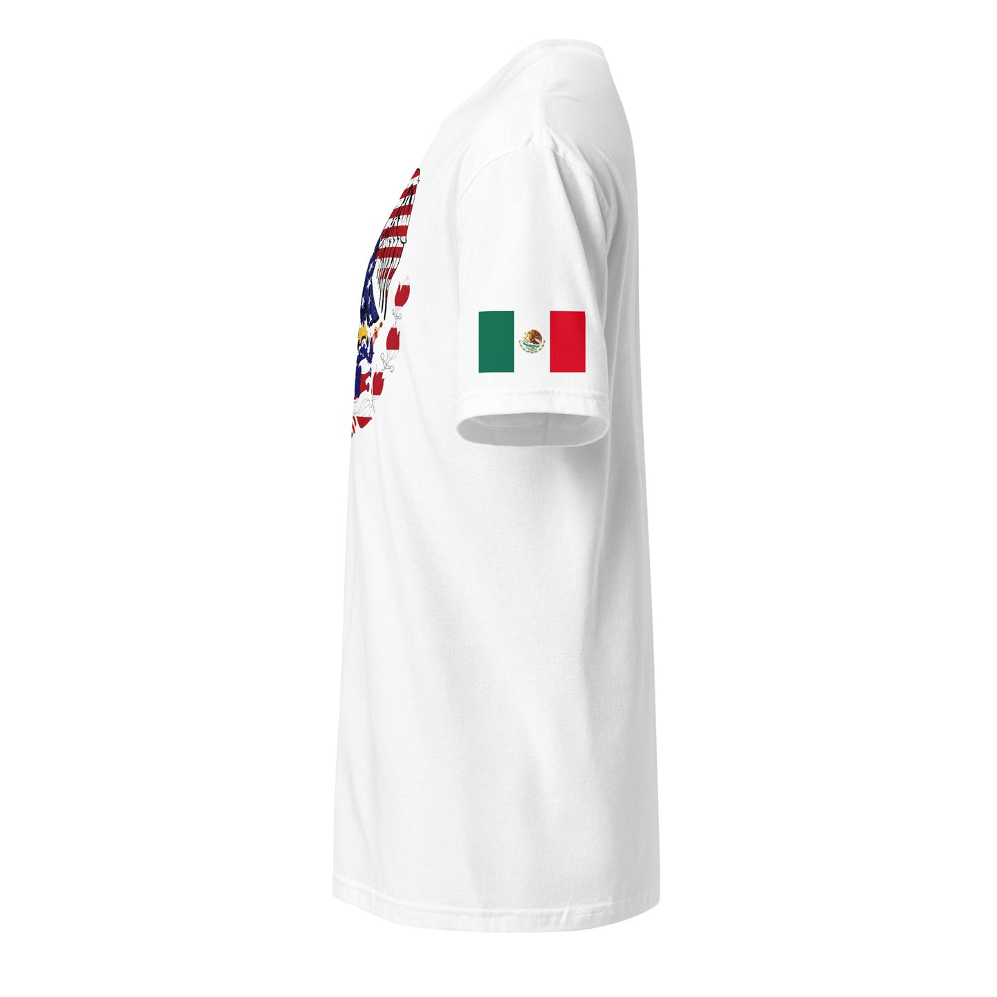 Mexican American white t-shirt eagles wings design stars forward left sleeve Mexican flag