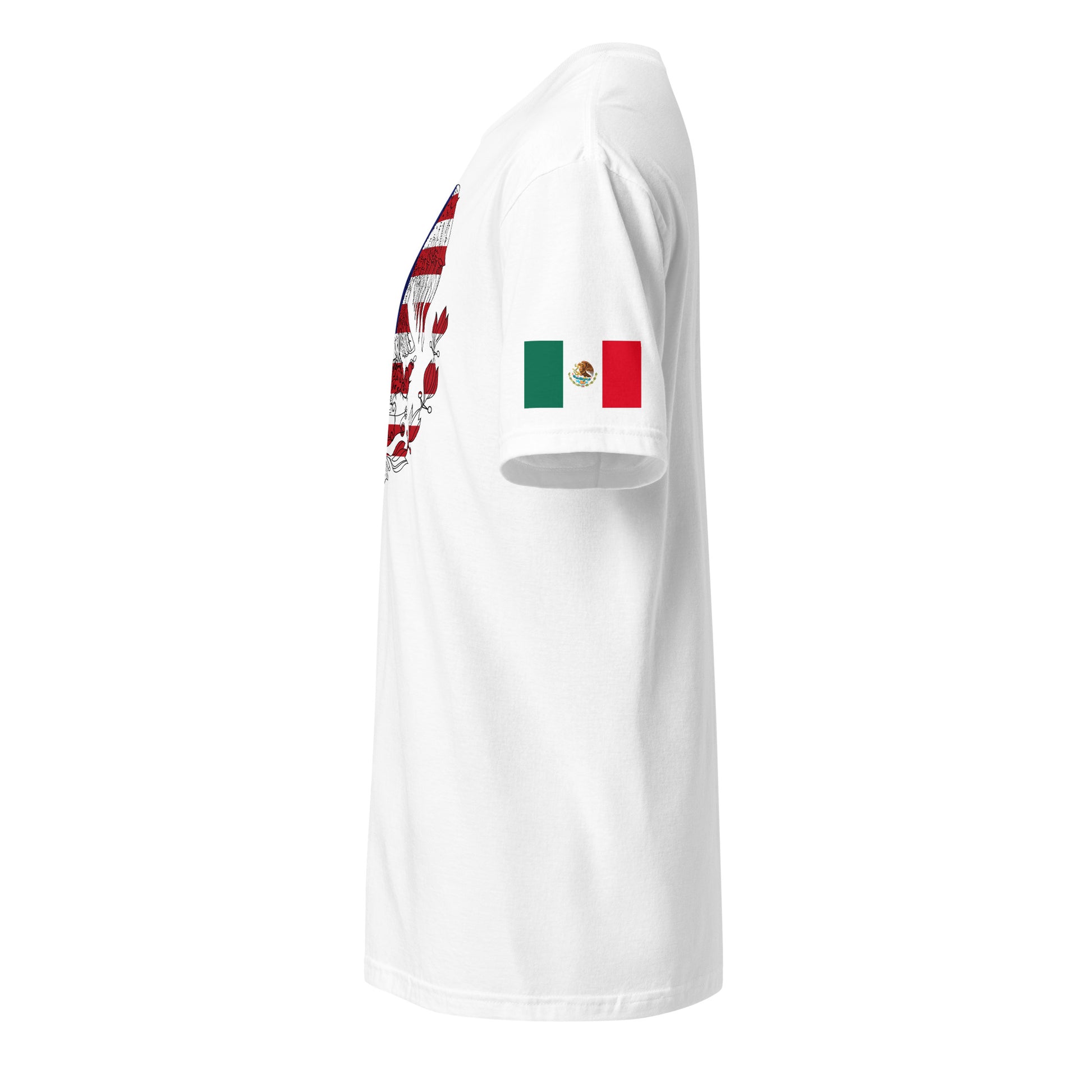 Mexican American white t-shirt stars forward left sleeve Mexican flag